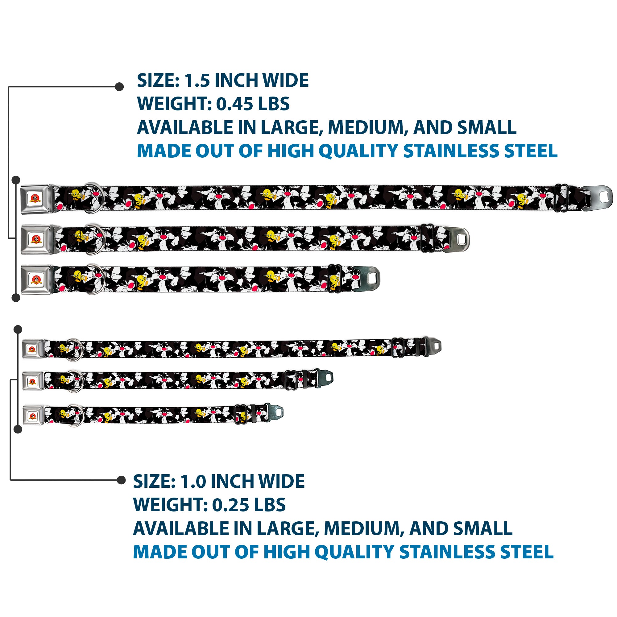 Looney Tunes Logo White Seatbelt Buckle Collar - Sylvester and Tweety Poses Scattered Charcoal Seatbelt Buckle Collars Looney Tunes