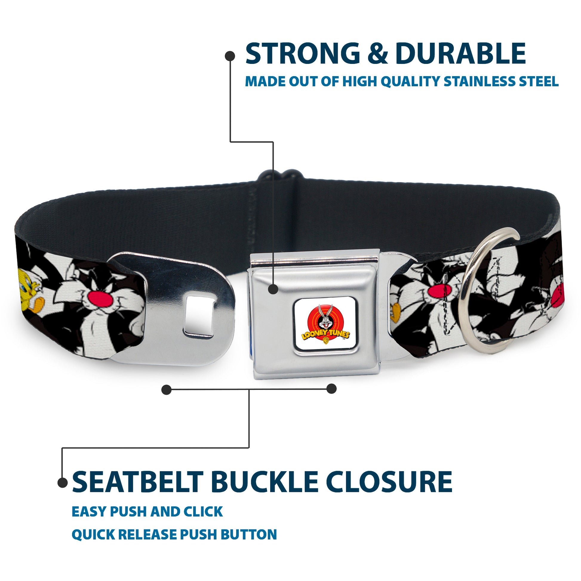 Looney Tunes Logo White Seatbelt Buckle Collar - Sylvester and Tweety Poses Scattered Charcoal Seatbelt Buckle Collars Looney Tunes