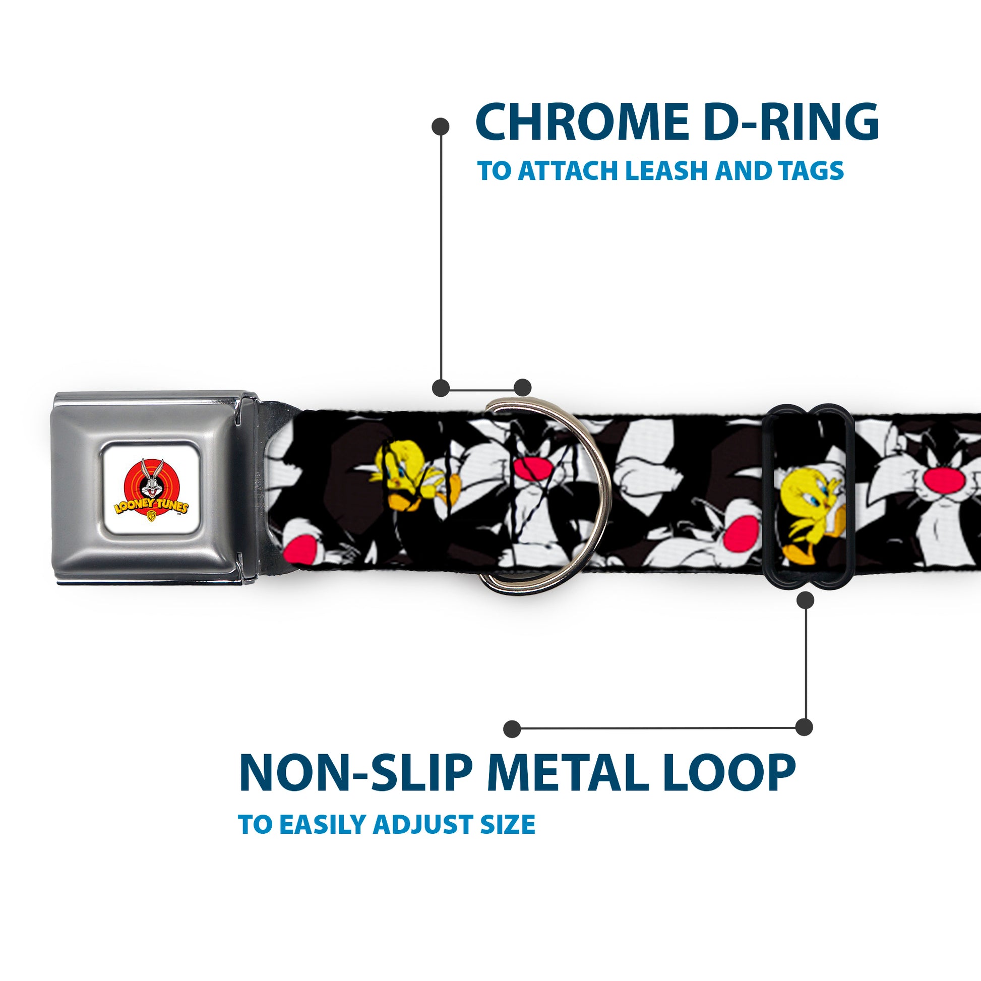 Looney Tunes Logo White Seatbelt Buckle Collar - Sylvester and Tweety Poses Scattered Charcoal Seatbelt Buckle Collars Looney Tunes