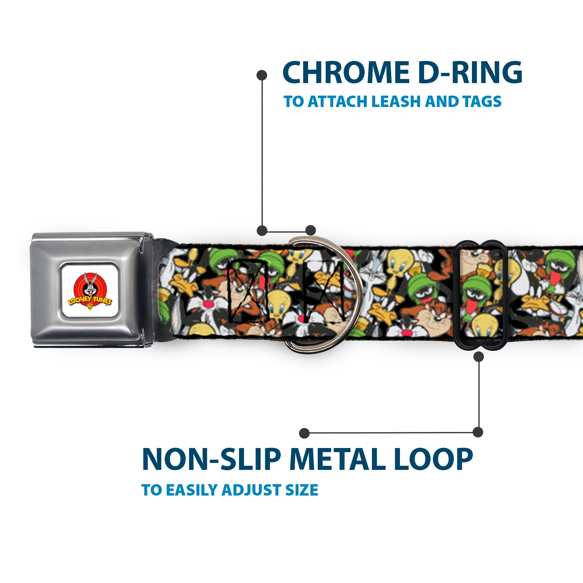 Looney Tunes Logo White Seatbelt Buckle Collar - Looney Tunes 6-Character Stacked Collage4 Seatbelt Buckle Collars Looney Tunes