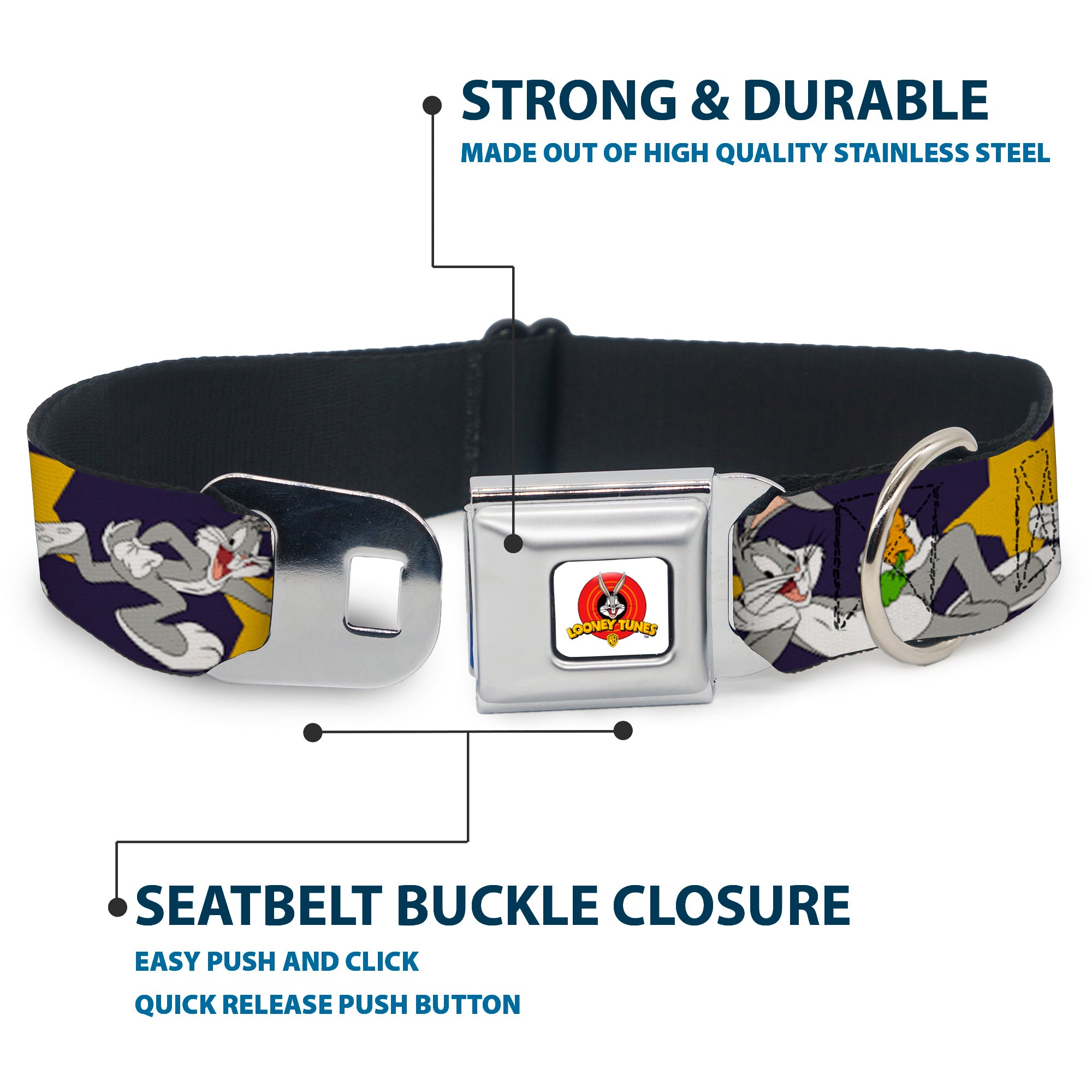 Looney Tunes Logo Full Color White Seatbelt Buckle Collar - Bugs Bunny Poses/Stars Navy Seatbelt Buckle Collars Looney Tunes
