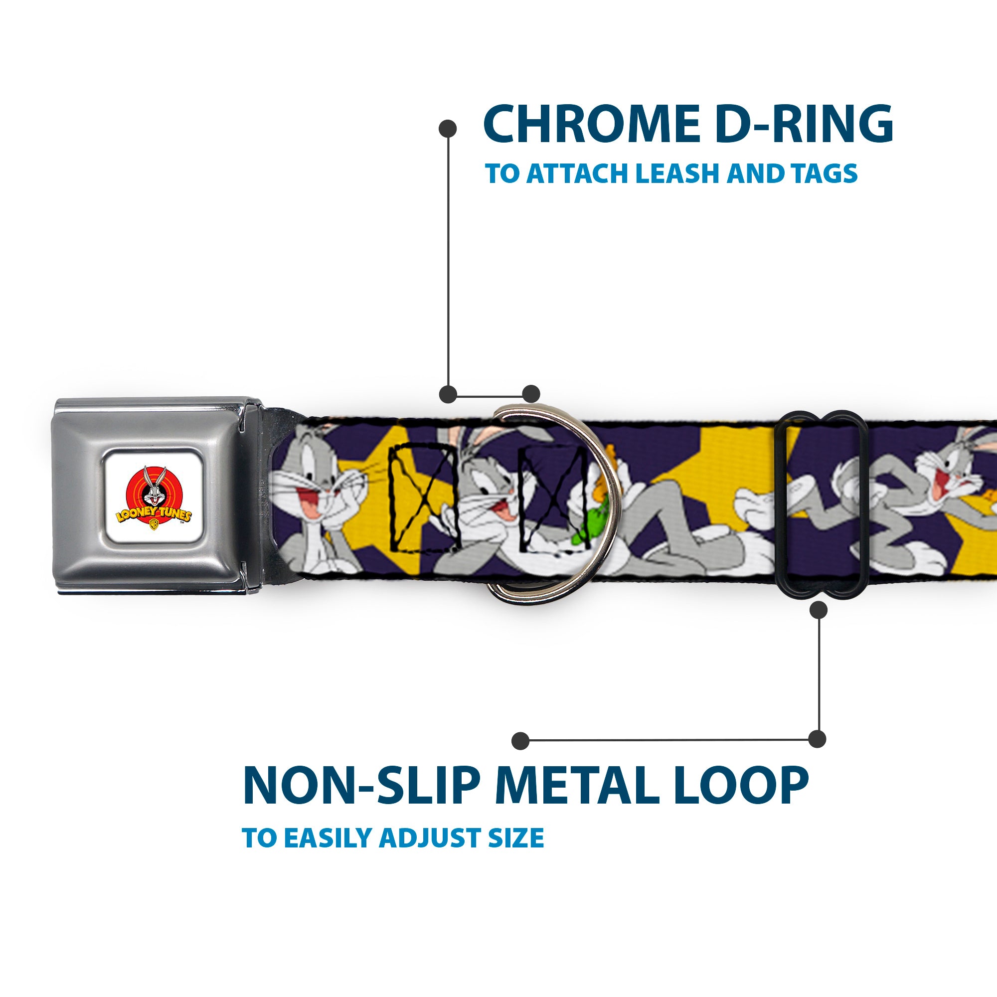 Looney Tunes Logo Full Color White Seatbelt Buckle Collar - Bugs Bunny Poses/Stars Navy Seatbelt Buckle Collars Looney Tunes