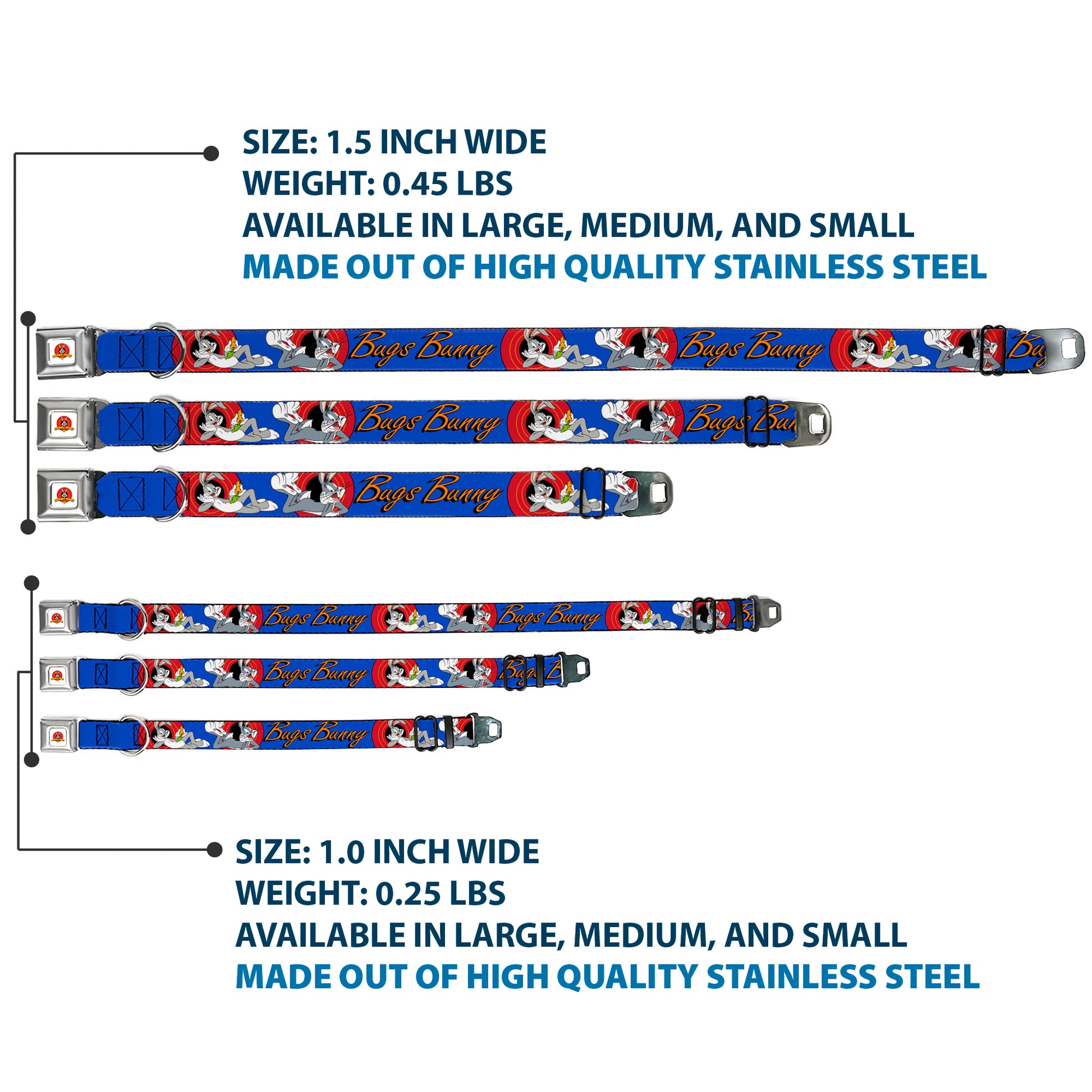 Looney Tunes Logo Full Color White Seatbelt Buckle Collar - BUGS BUNNY w/Bugs Poses Blue Seatbelt Buckle Collars Looney Tunes