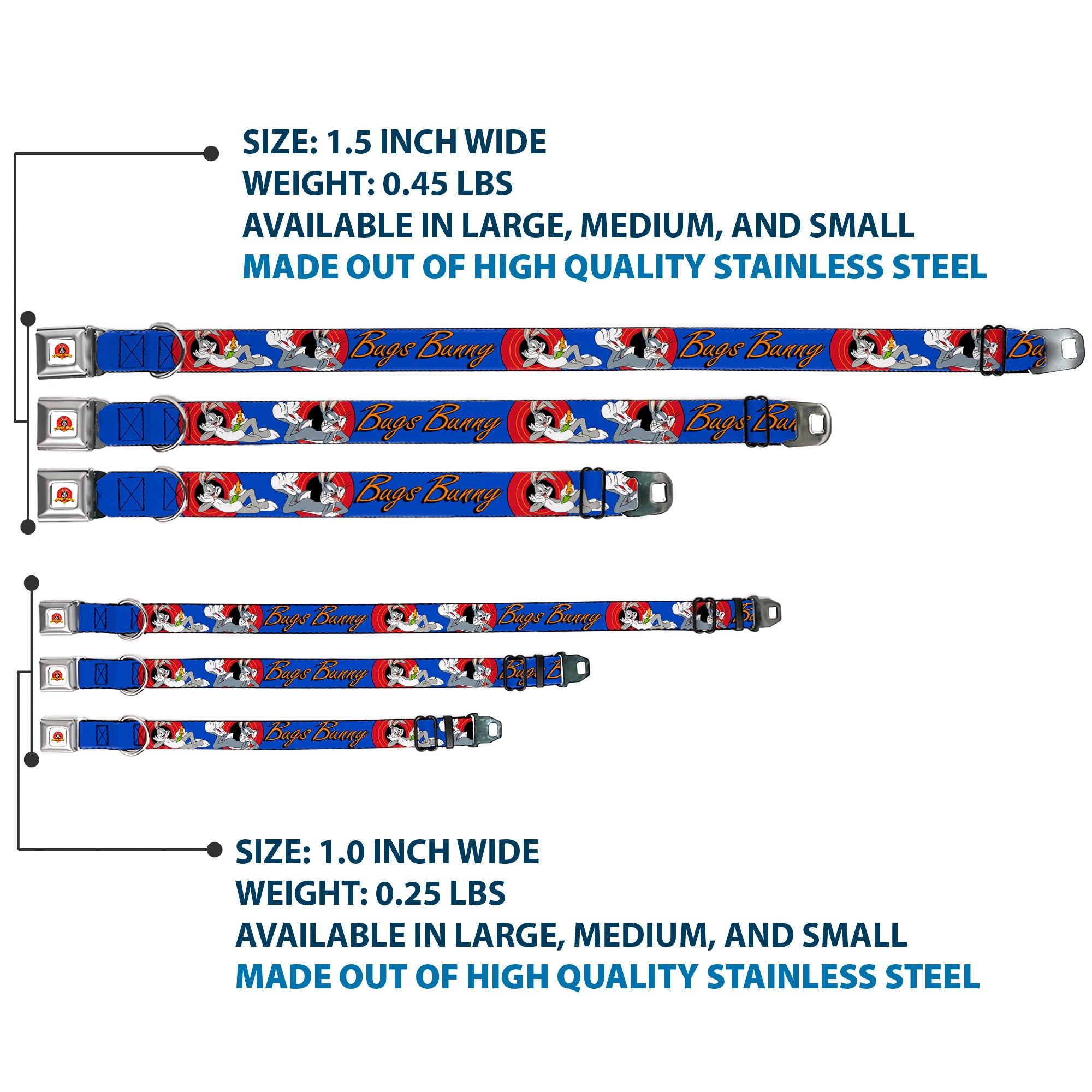 Looney Tunes Logo Full Color White Seatbelt Buckle Collar - BUGS BUNNY w/Bugs Poses Blue Seatbelt Buckle Collars Looney Tunes