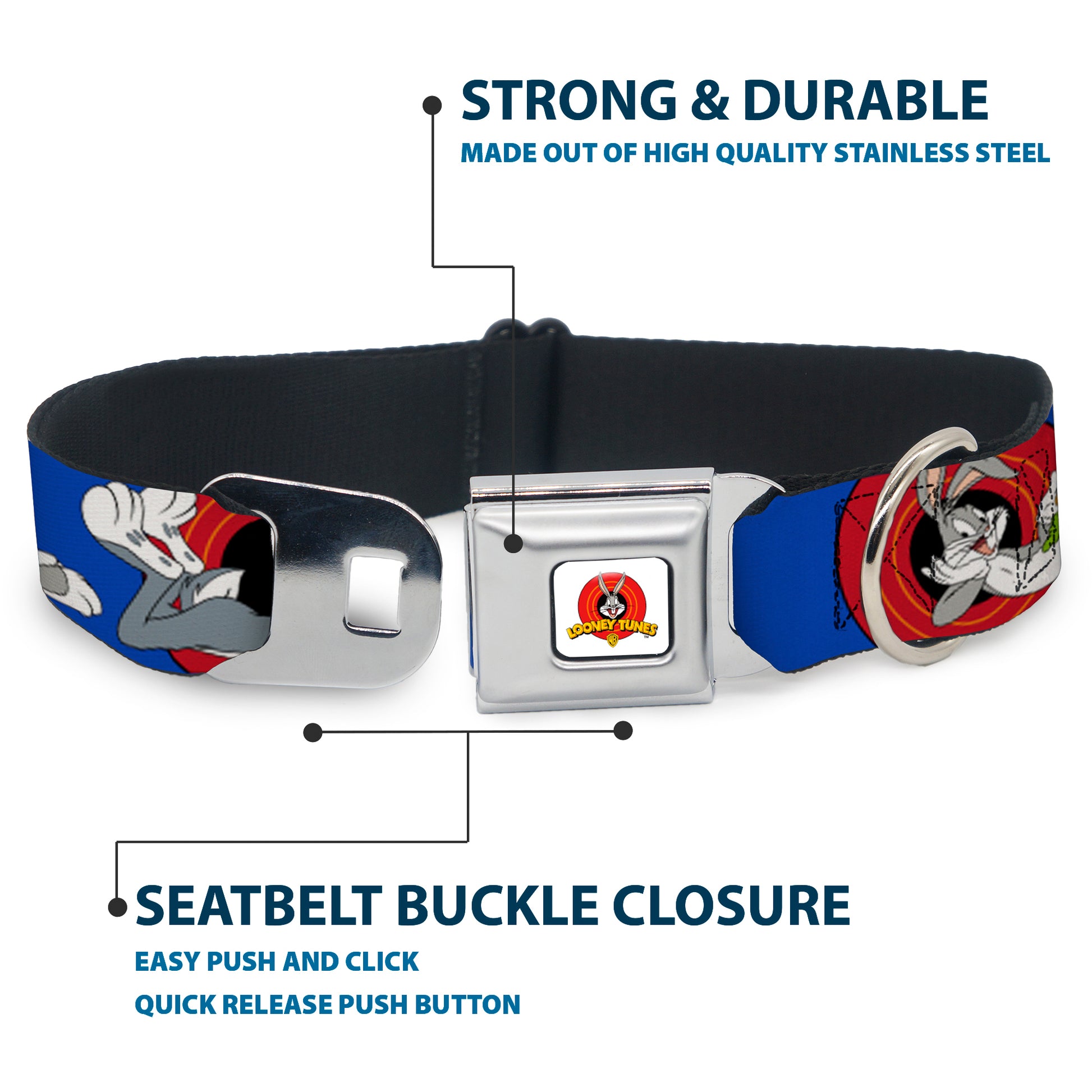 Looney Tunes Logo Full Color White Seatbelt Buckle Collar - BUGS BUNNY w/Bugs Poses Blue Seatbelt Buckle Collars Looney Tunes