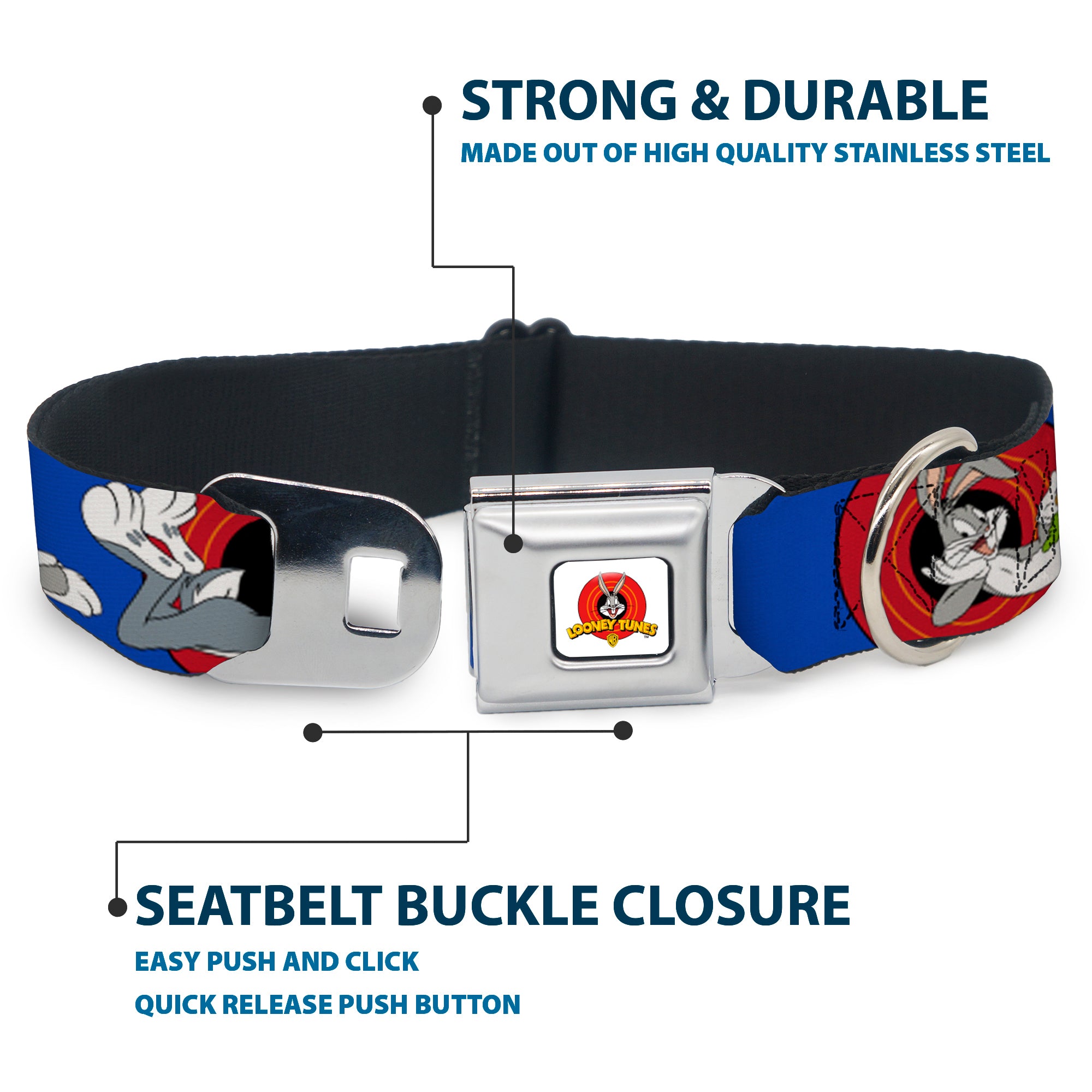 Looney Tunes Logo Full Color White Seatbelt Buckle Collar - BUGS BUNNY w/Bugs Poses Blue Seatbelt Buckle Collars Looney Tunes