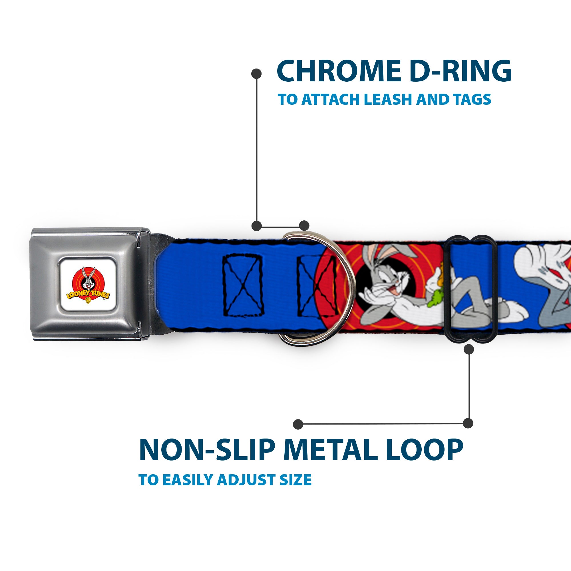 Looney Tunes Logo Full Color White Seatbelt Buckle Collar - BUGS BUNNY w/Bugs Poses Blue Seatbelt Buckle Collars Looney Tunes