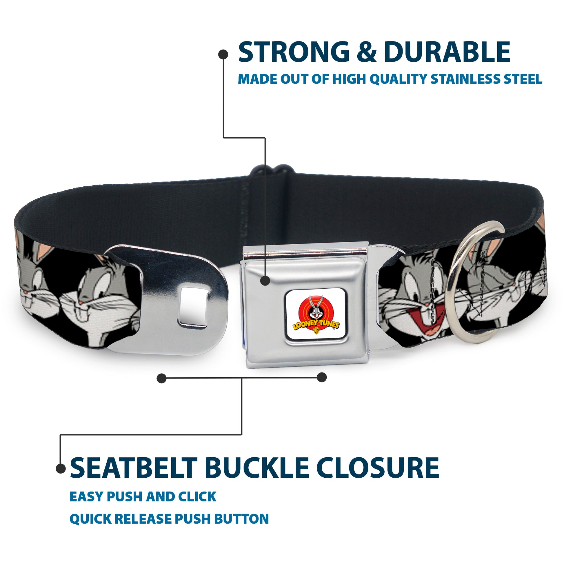 Looney Tunes Logo Full Color White Seatbelt Buckle Collar - Bugs Bunny CLOSE-UP Expressions Black Seatbelt Buckle Collars Looney Tunes