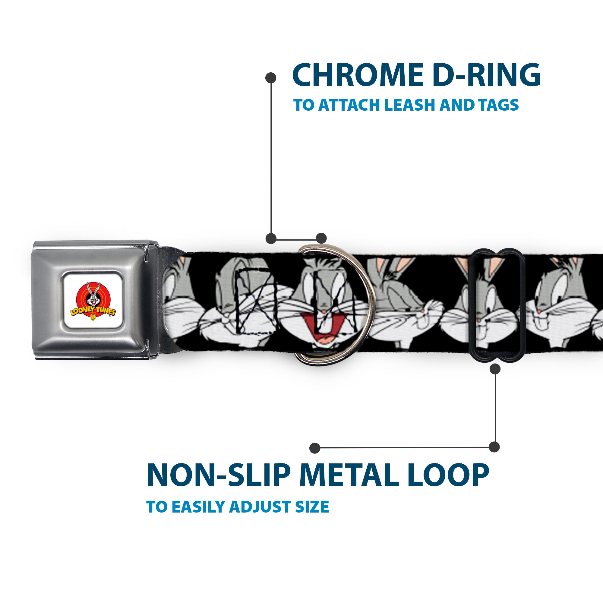 Looney Tunes Logo Full Color White Seatbelt Buckle Collar - Bugs Bunny CLOSE-UP Expressions Black Seatbelt Buckle Collars Looney Tunes