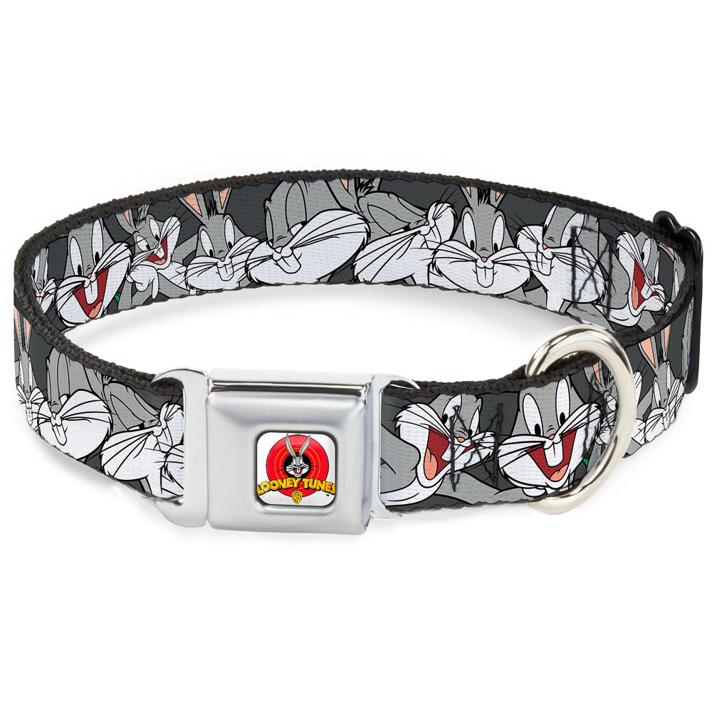 Looney Tunes Logo Full Color White Seatbelt Buckle Collar - Bugs Bunny CLOSE-UP Poses Charcoal Seatbelt Buckle Collars Looney Tunes