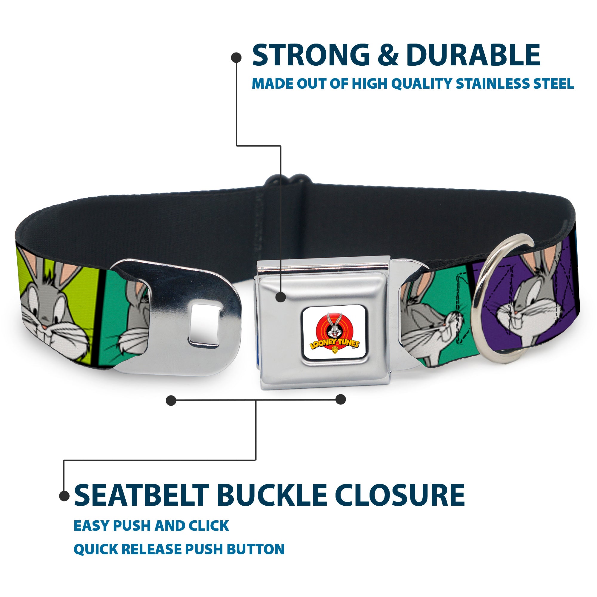 Looney Tunes Logo Full Color White Seatbelt Buckle Collar - Bugs Bunny Expression Blocks Multi Color Seatbelt Buckle Collars Looney Tunes