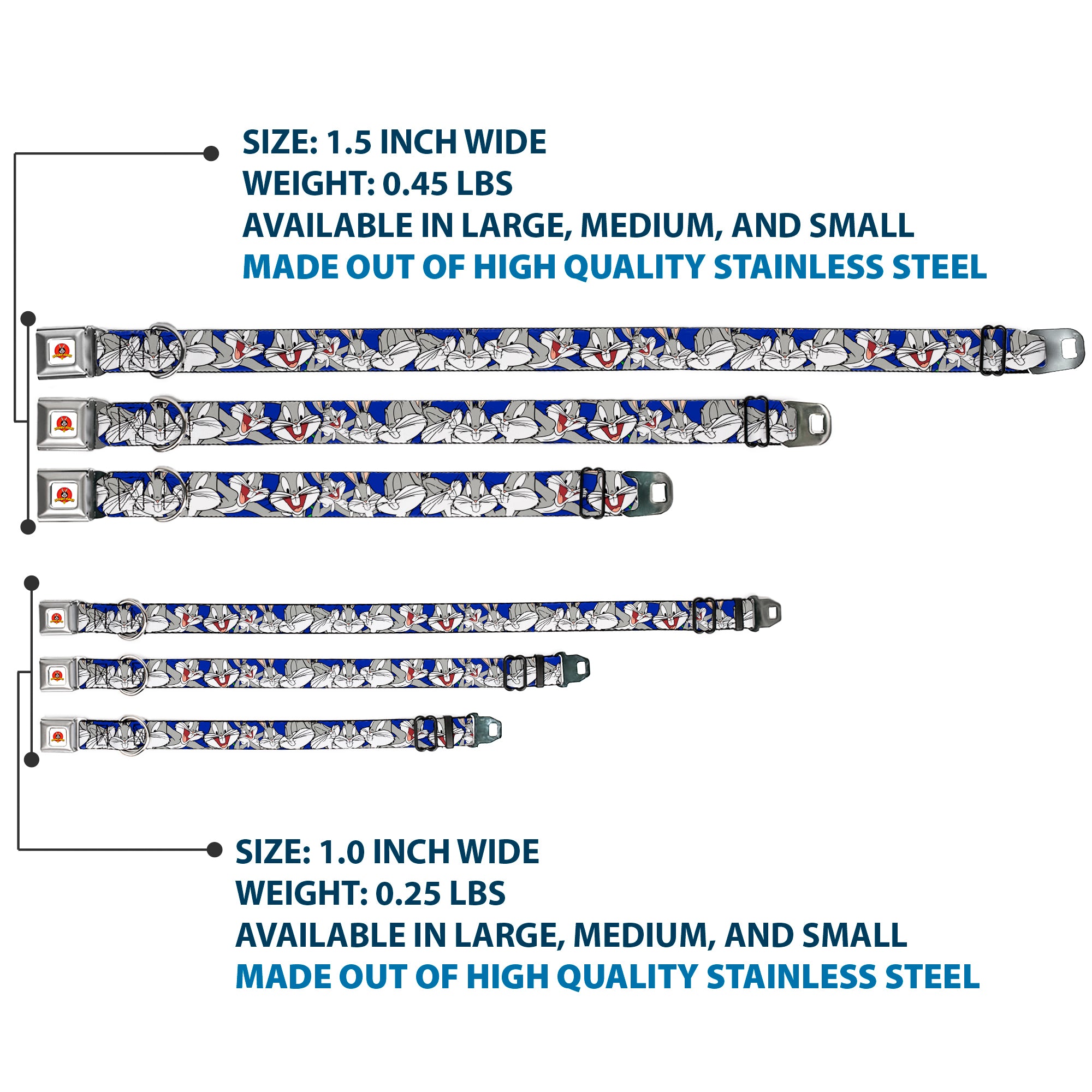 Looney Tunes Logo Full Color White Seatbelt Buckle Collar - Bugs Bunny CLOSE-UP Poses Blue Seatbelt Buckle Collars Looney Tunes