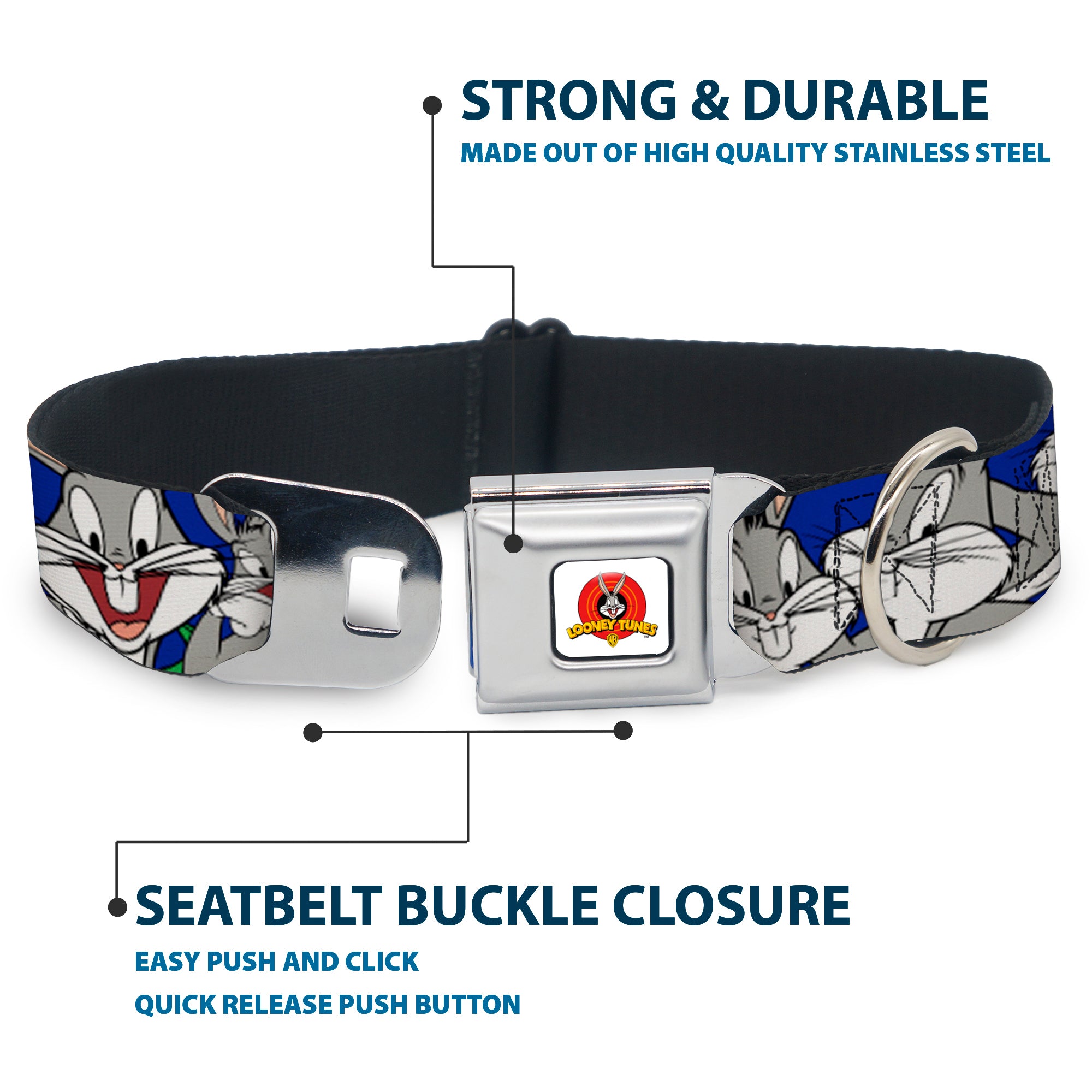 Looney Tunes Logo Full Color White Seatbelt Buckle Collar - Bugs Bunny CLOSE-UP Poses Blue Seatbelt Buckle Collars Looney Tunes
