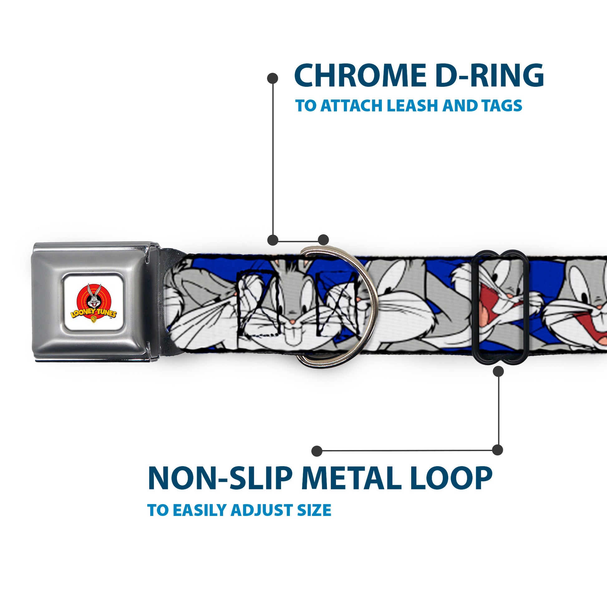 Looney Tunes Logo Full Color White Seatbelt Buckle Collar - Bugs Bunny CLOSE-UP Poses Blue Seatbelt Buckle Collars Looney Tunes