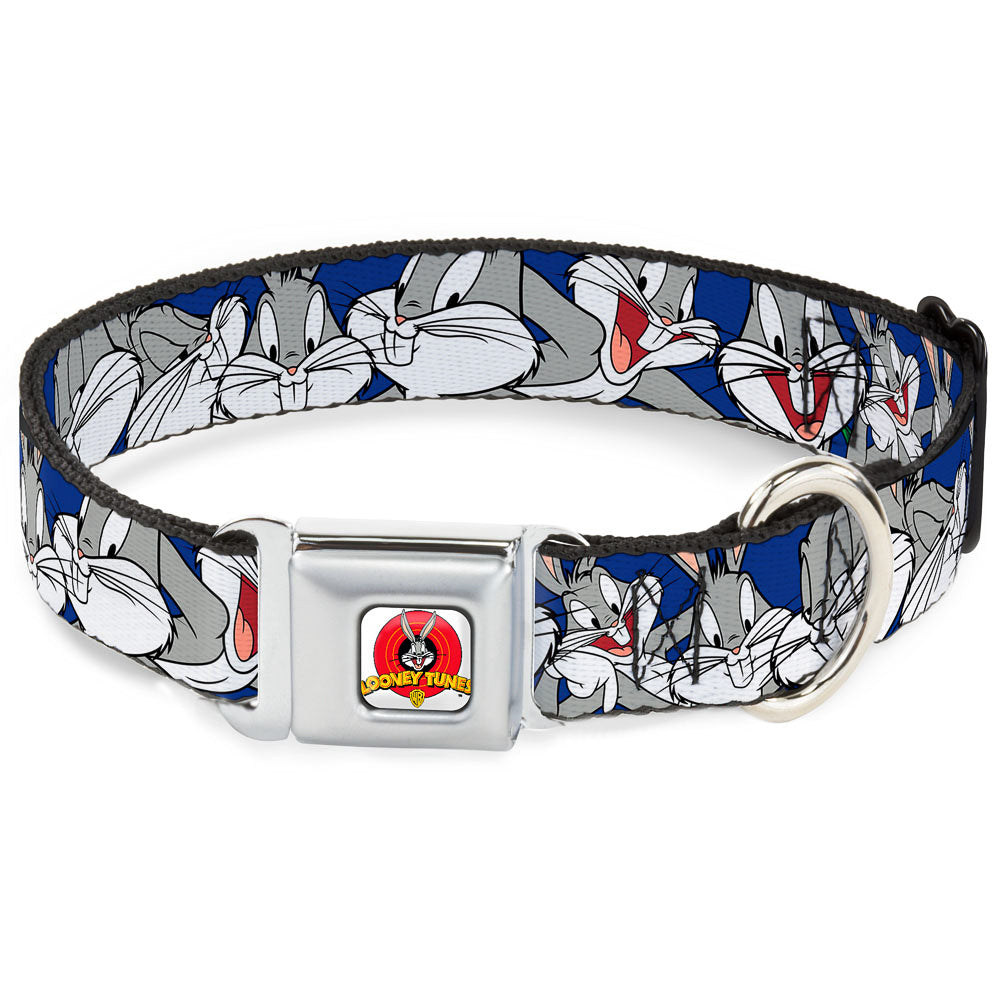Looney Tunes Logo Full Color White Seatbelt Buckle Collar - Bugs Bunny CLOSE-UP Poses Blue Seatbelt Buckle Collars Looney Tunes