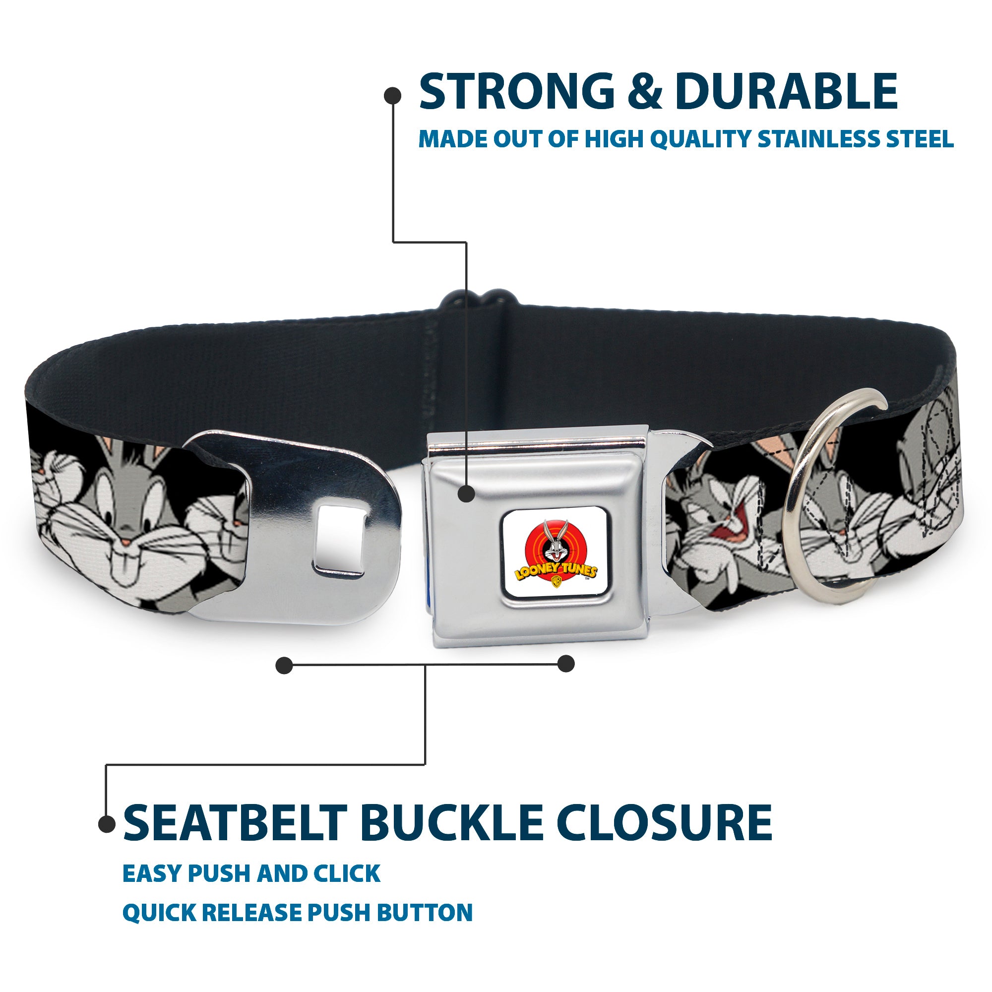 Looney Tunes Logo Full Color White Seatbelt Buckle Collar - Bugs Bunny CLOSE-UP Poses Black Seatbelt Buckle Collars Looney Tunes