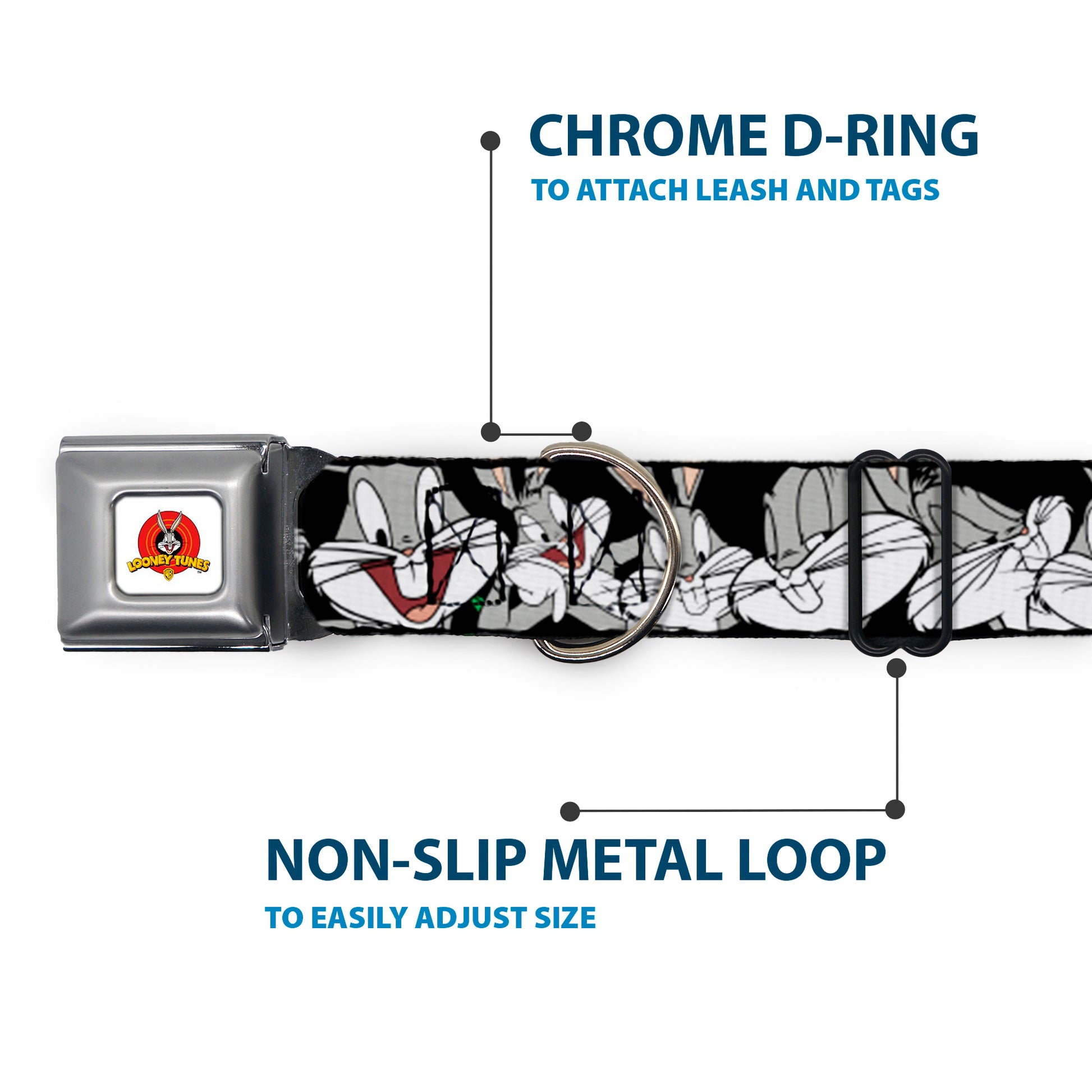 Looney Tunes Logo Full Color White Seatbelt Buckle Collar - Bugs Bunny CLOSE-UP Poses Black Seatbelt Buckle Collars Looney Tunes