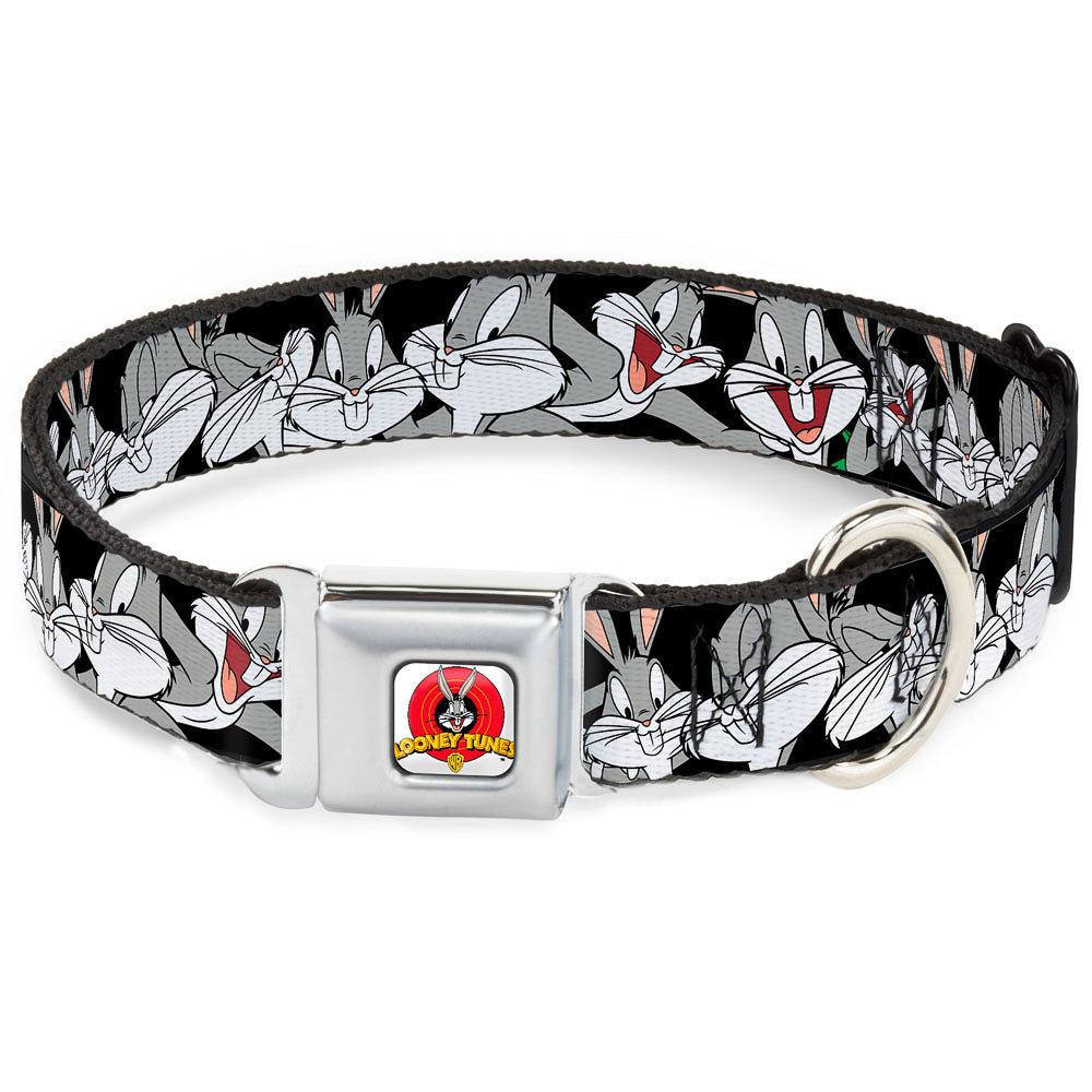 Looney Tunes Logo Full Color White Seatbelt Buckle Collar - Bugs Bunny CLOSE-UP Poses Black Seatbelt Buckle Collars Looney Tunes