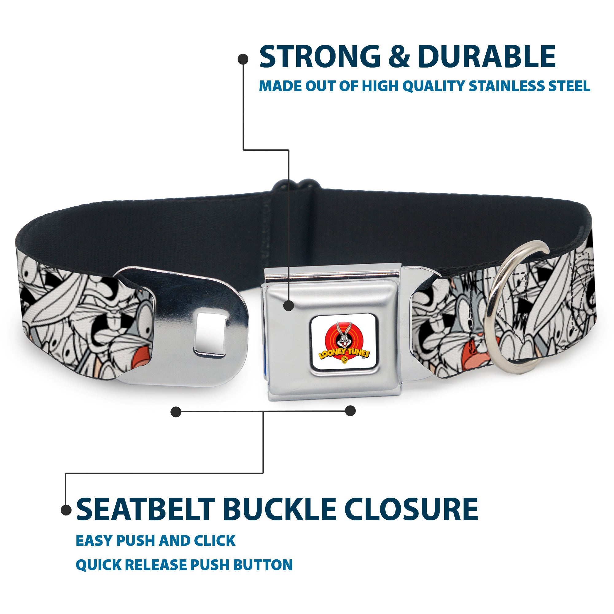 Looney Tunes Logo White Seatbelt Buckle Collar - Bugs Bunny Expressions Stacked White/Black/Gray Seatbelt Buckle Collars Looney Tunes