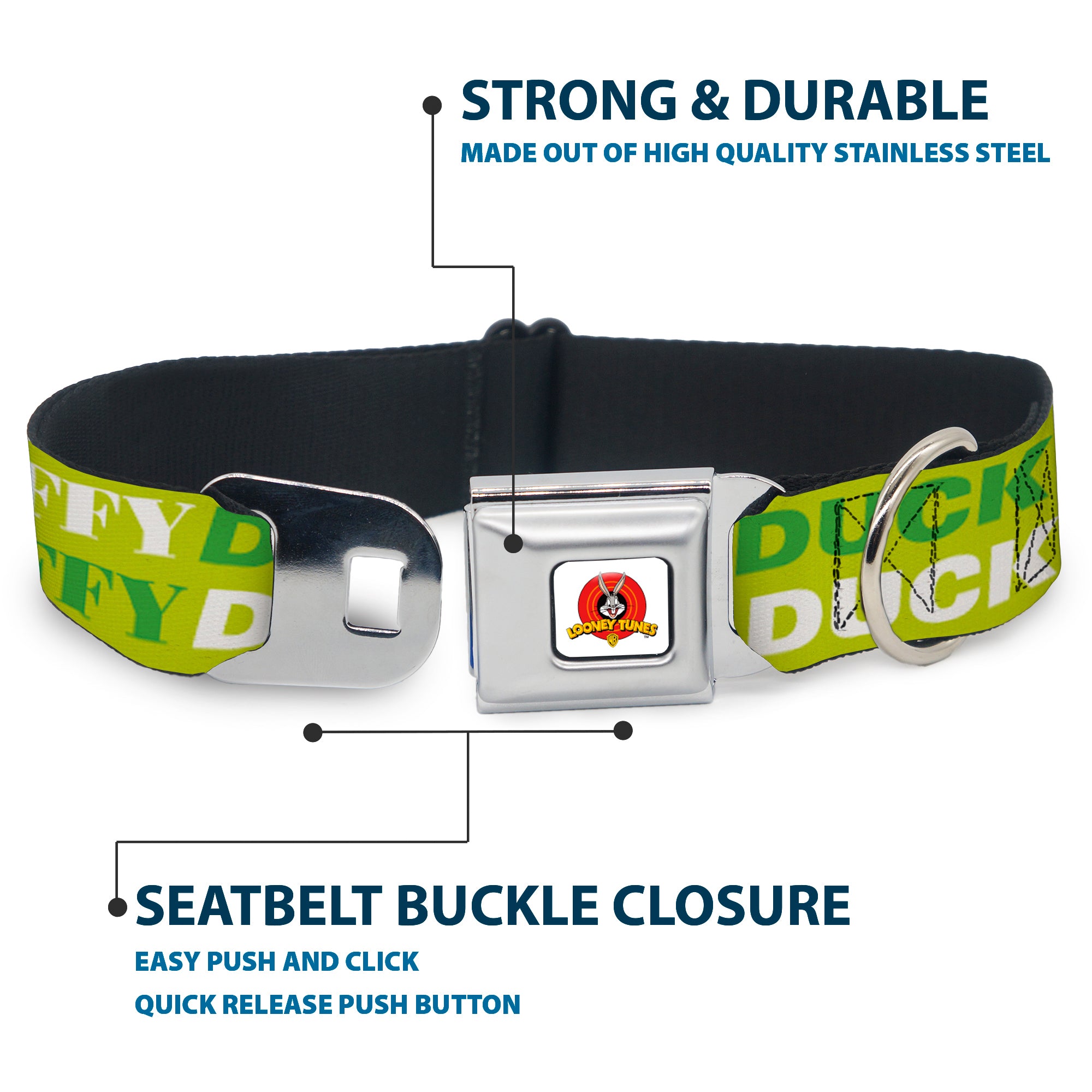 Looney Tunes Logo Full Color White Seatbelt Buckle Collar - DAFFY DUCK w/Face CLOSE-UP Greens Seatbelt Buckle Collars Looney Tunes