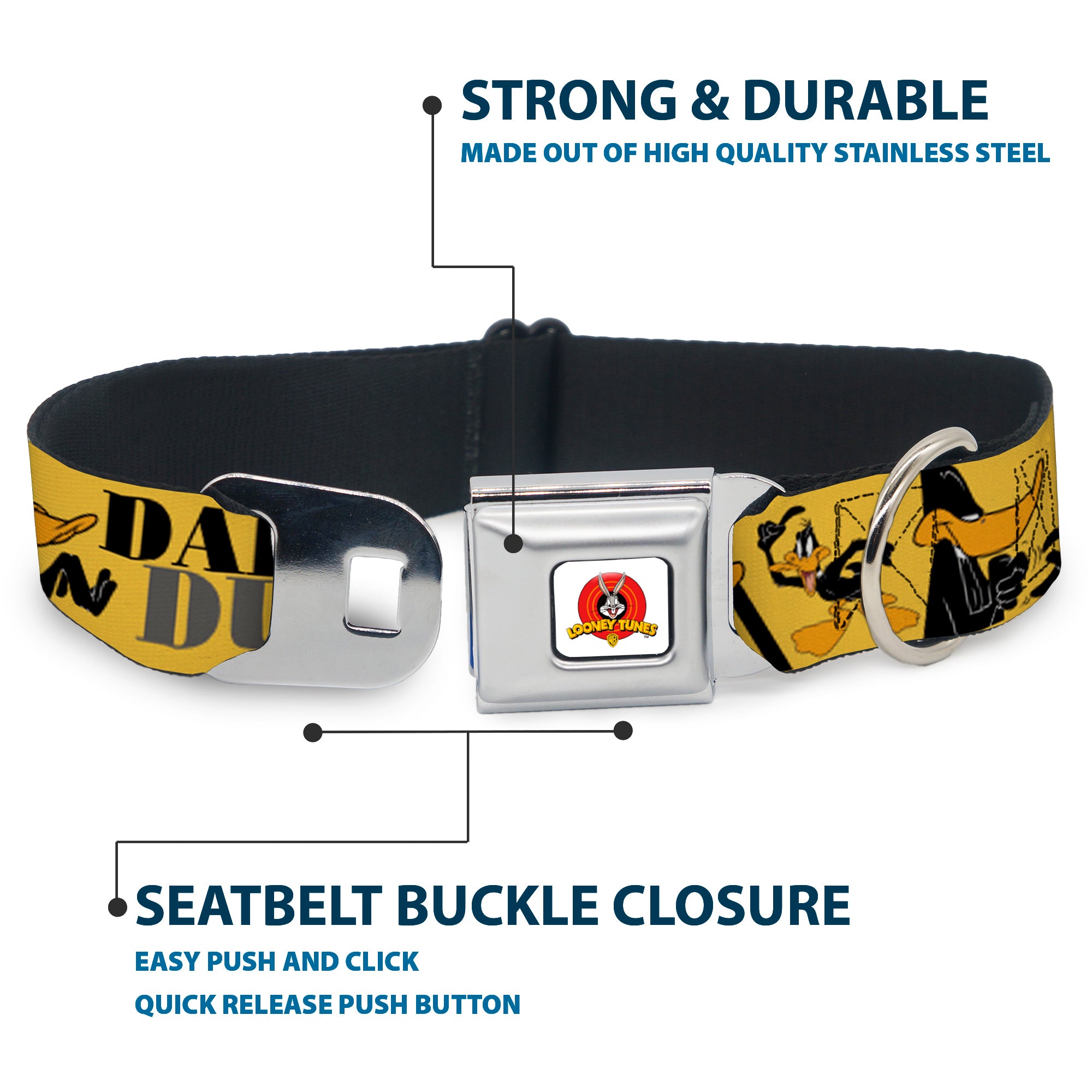 Looney Tunes Logo Full Color White Seatbelt Buckle Collar - DAFFY DUCK w/Poses Yellow/Black Seatbelt Buckle Collars Looney Tunes