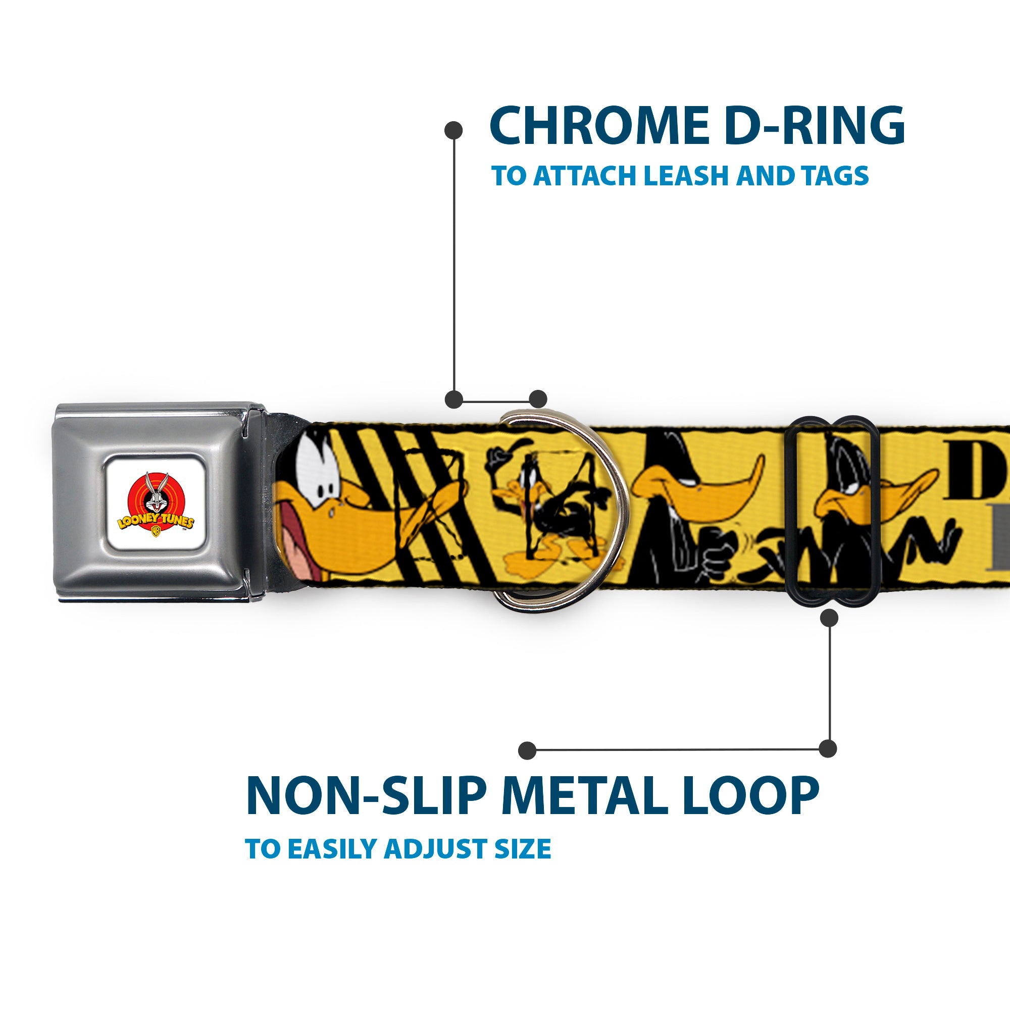 Looney Tunes Logo Full Color White Seatbelt Buckle Collar - DAFFY DUCK w/Poses Yellow/Black Seatbelt Buckle Collars Looney Tunes