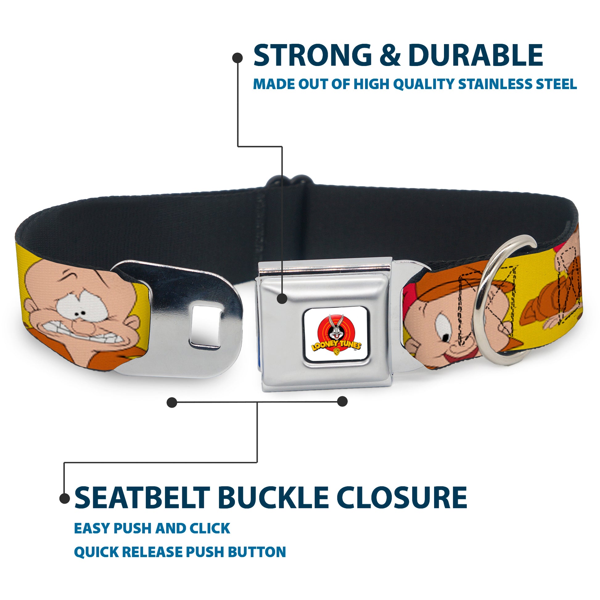 Looney Tunes Logo Full Color White Seatbelt Buckle Collar - Elmer Fudd Expressions Yellow Seatbelt Buckle Collars Looney Tunes