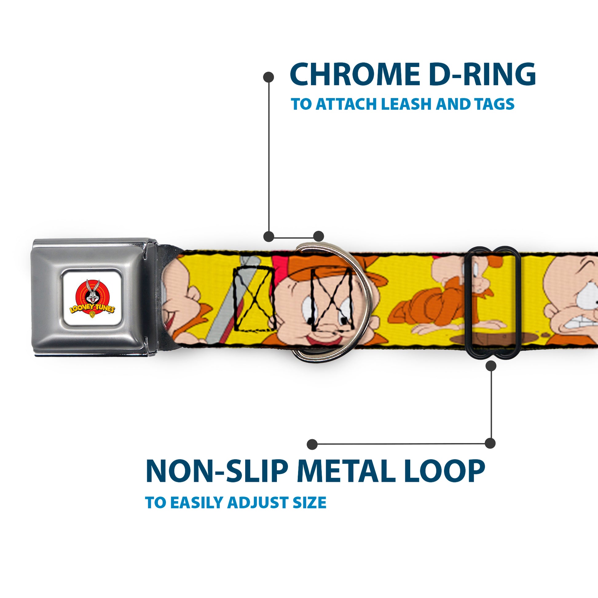 Looney Tunes Logo Full Color White Seatbelt Buckle Collar - Elmer Fudd Expressions Yellow Seatbelt Buckle Collars Looney Tunes