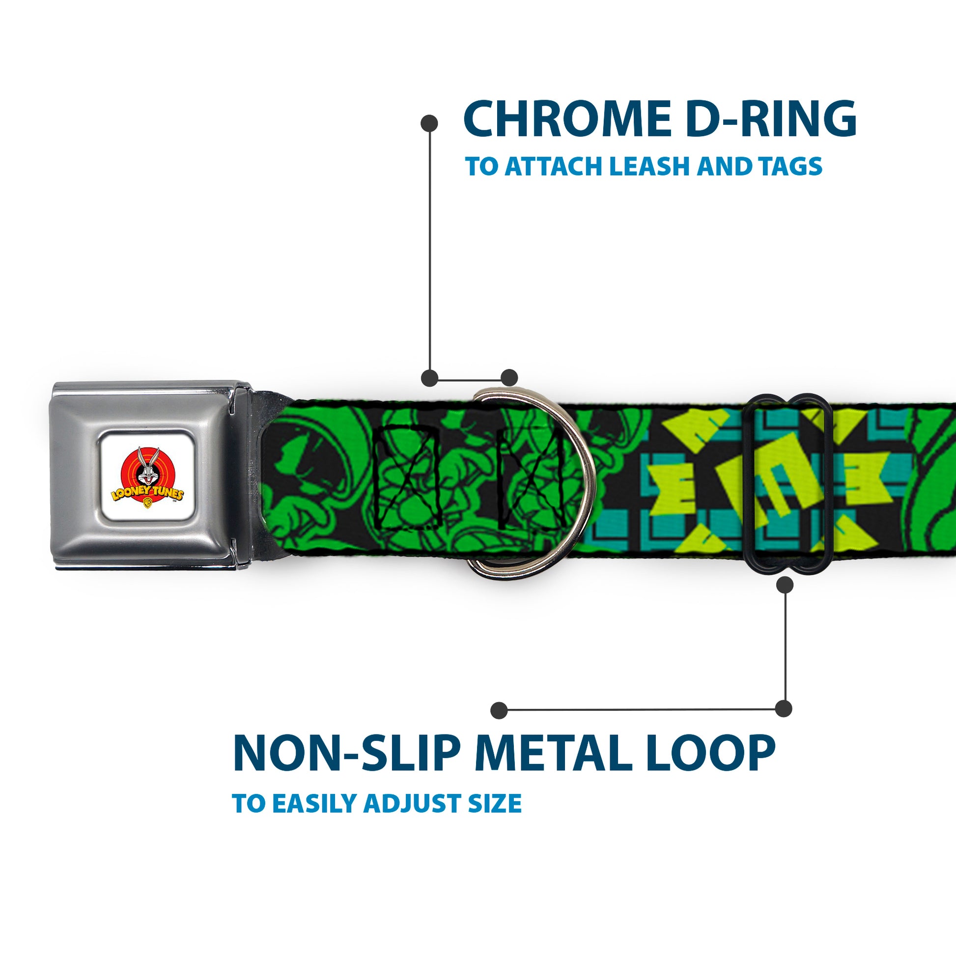 Looney Tunes Logo Full Color White Seatbelt Buckle Collar - MARVIN THE MARTIAN w/Poses Black/Turquoise Seatbelt Buckle Collars Looney Tunes