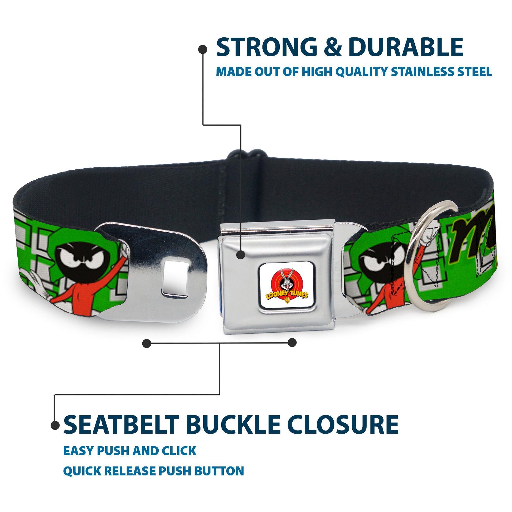 Looney Tunes Logo Full Color White Seatbelt Buckle Collar - MARVIN THE MARTIAN w/Poses White/Green Seatbelt Buckle Collars Looney Tunes