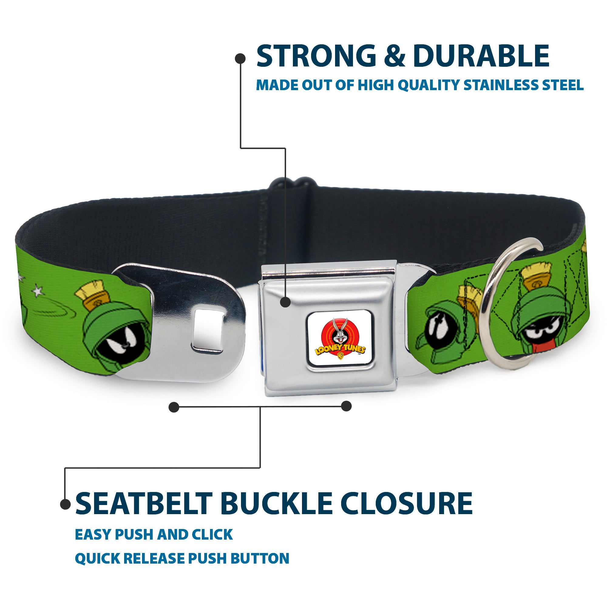 Looney Tunes Logo Full Color White Seatbelt Buckle Collar - MARVIN THE MARTIAN w/Poses/Expressions Green Seatbelt Buckle Collars Looney Tunes