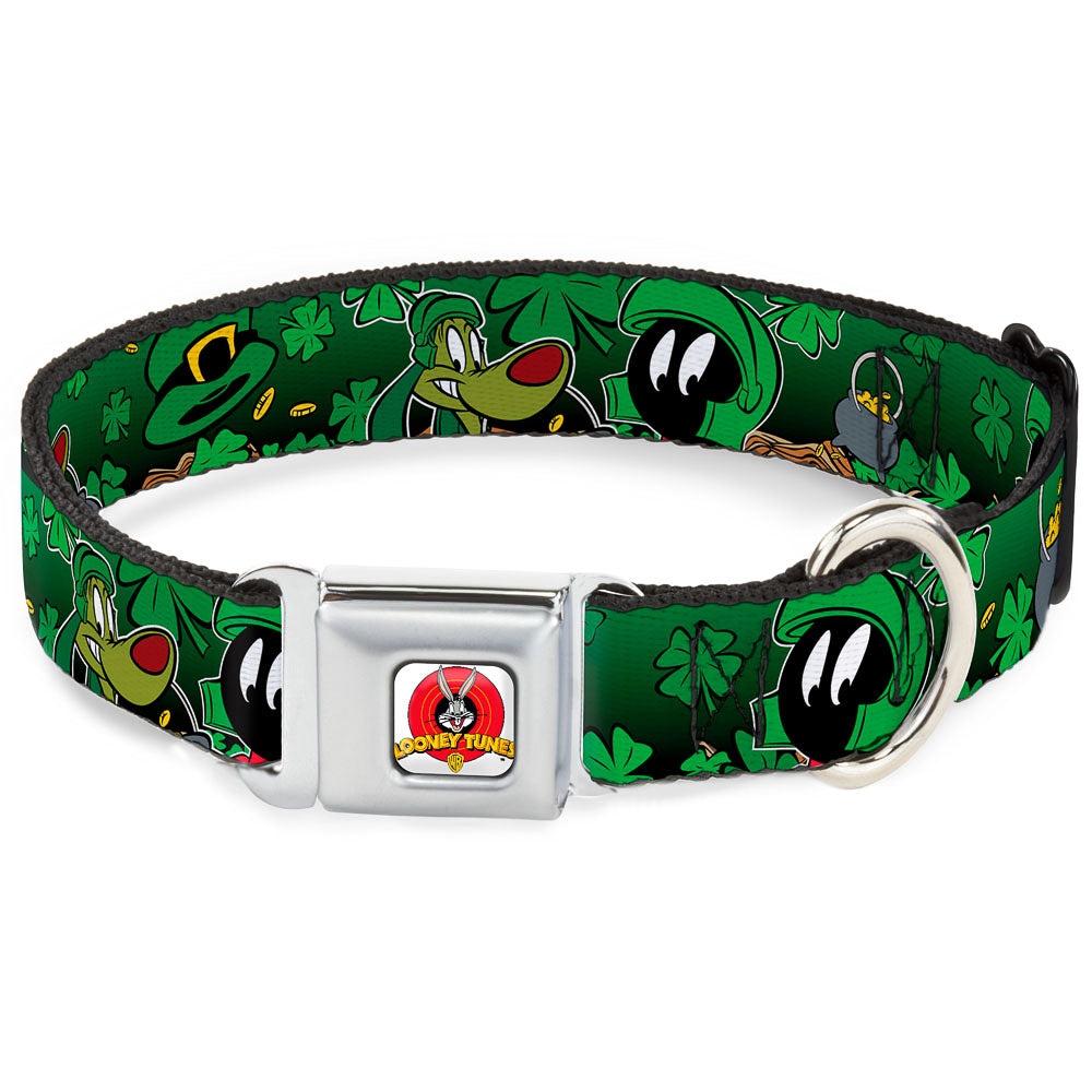 Looney Tunes Logo Full Color White Seatbelt Buckle Collar - Marvin the Martian & K-9 Poses/Clovers Greens Seatbelt Buckle Collars Looney Tunes