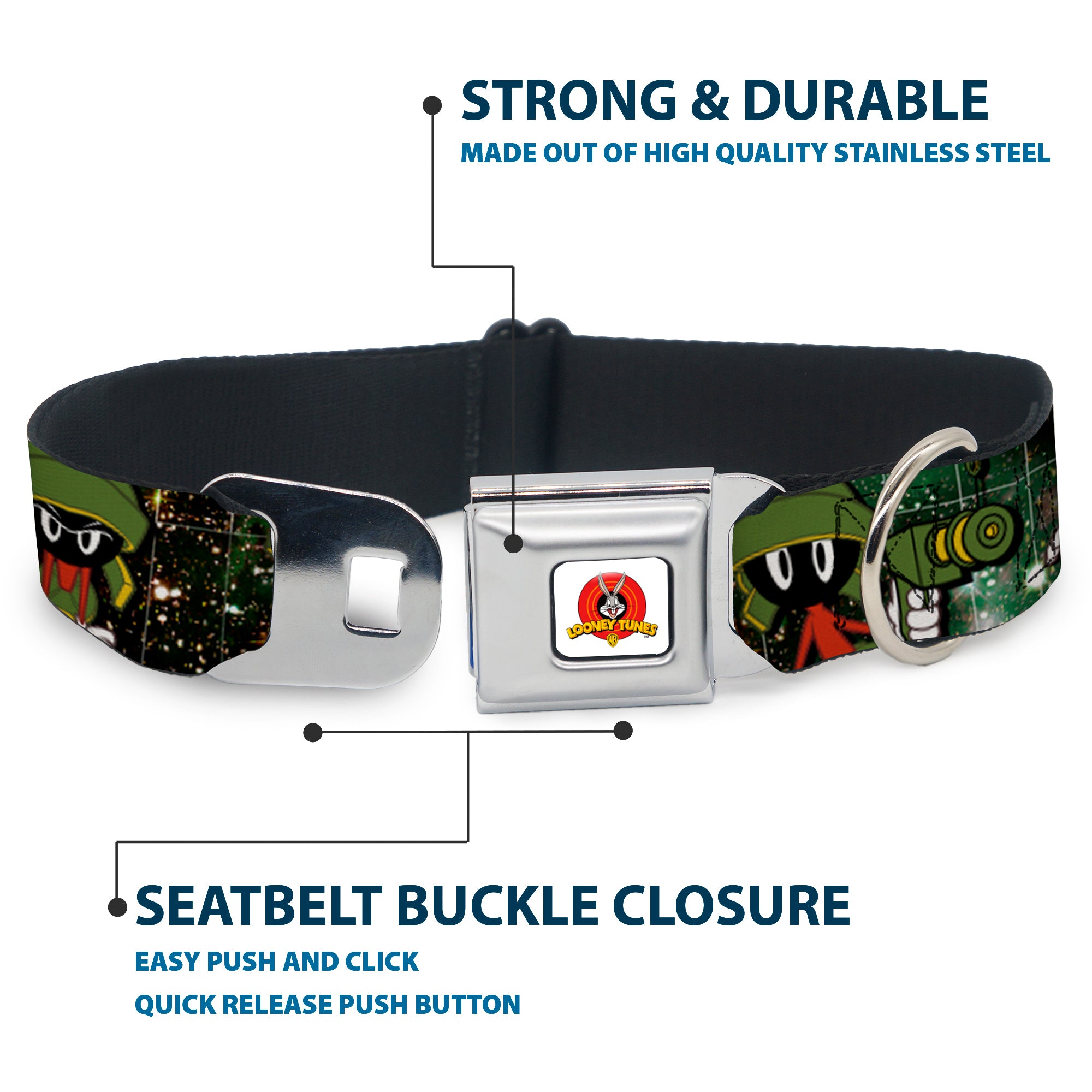 Looney Tunes Logo White Seatbelt Buckle Collar - Marvin the Martian 4-Poses Galaxy Seatbelt Buckle Collars Looney Tunes