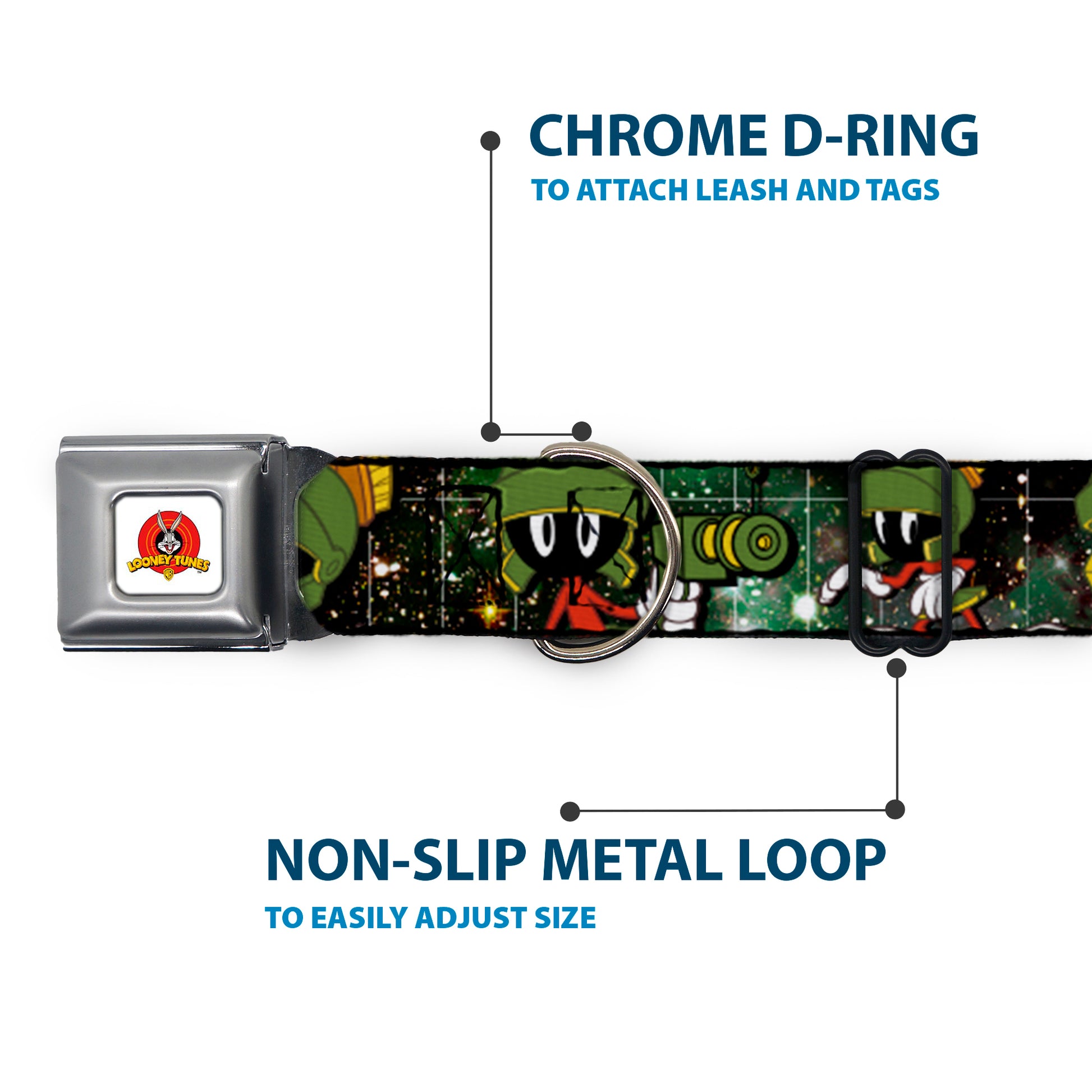 Looney Tunes Logo White Seatbelt Buckle Collar - Marvin the Martian 4-Poses Galaxy Seatbelt Buckle Collars Looney Tunes