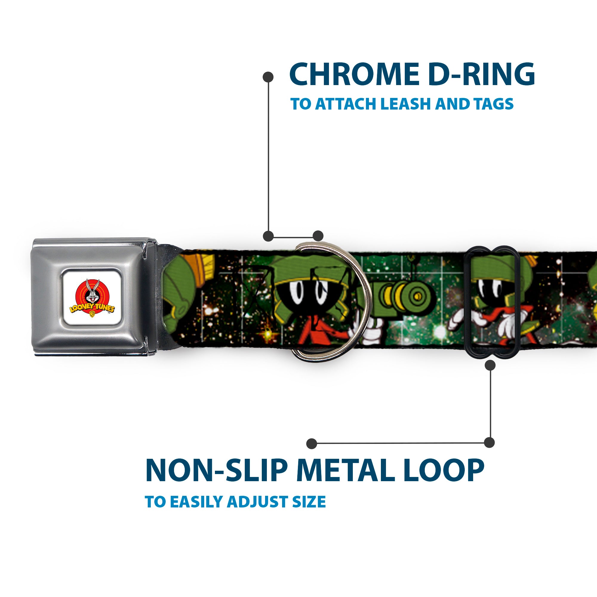Looney Tunes Logo White Seatbelt Buckle Collar - Marvin the Martian 4-Poses Galaxy Seatbelt Buckle Collars Looney Tunes