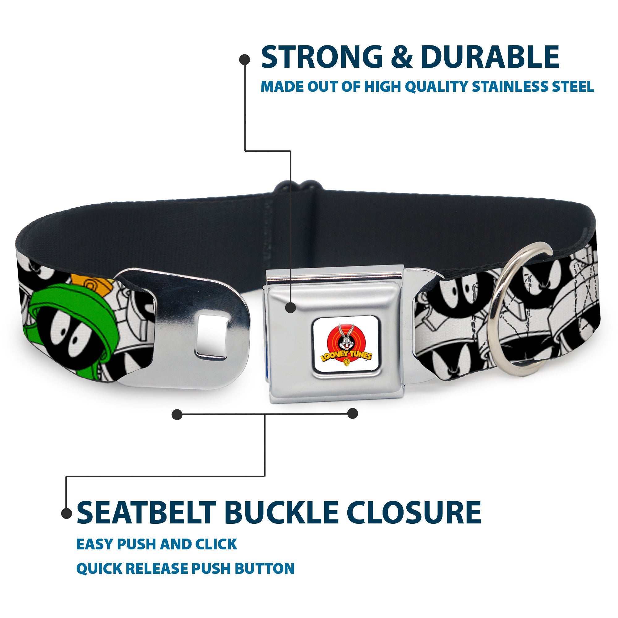 Looney Tunes Logo White Seatbelt Buckle Collar - Marvin the Martian Expressions Stacked White/Black/Green/Gold Seatbelt Buckle Collars Looney Tunes