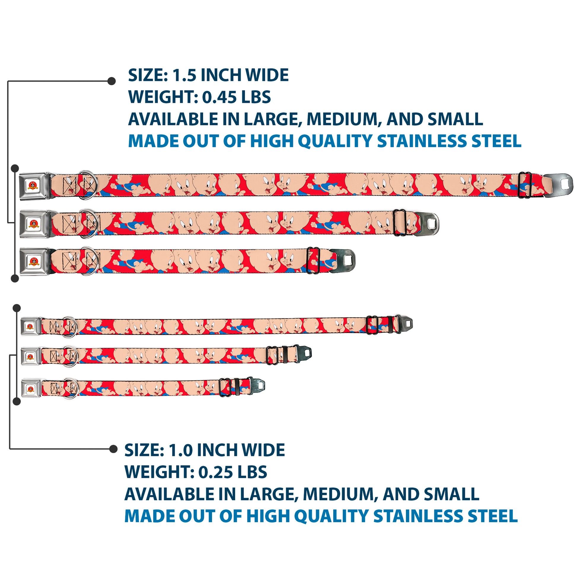 Looney Tunes Logo Full Color White Seatbelt Buckle Collar - Porky Pig Expressions Red Seatbelt Buckle Collars Looney Tunes