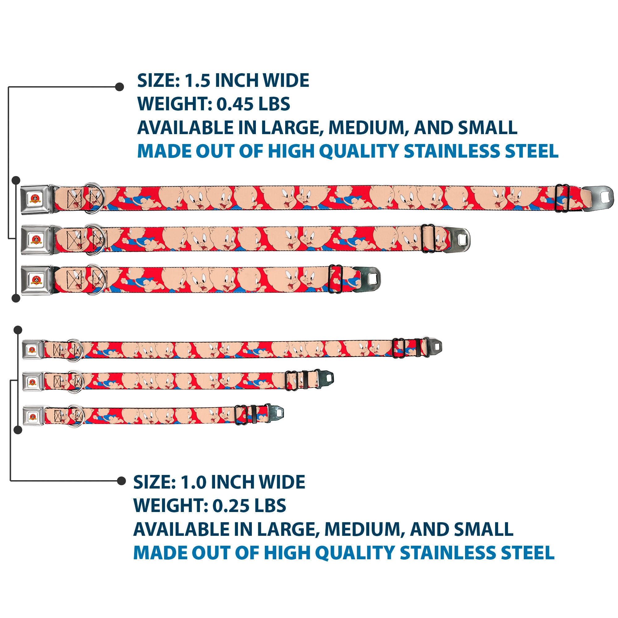 Looney Tunes Logo Full Color White Seatbelt Buckle Collar - Porky Pig Expressions Red Seatbelt Buckle Collars Looney Tunes