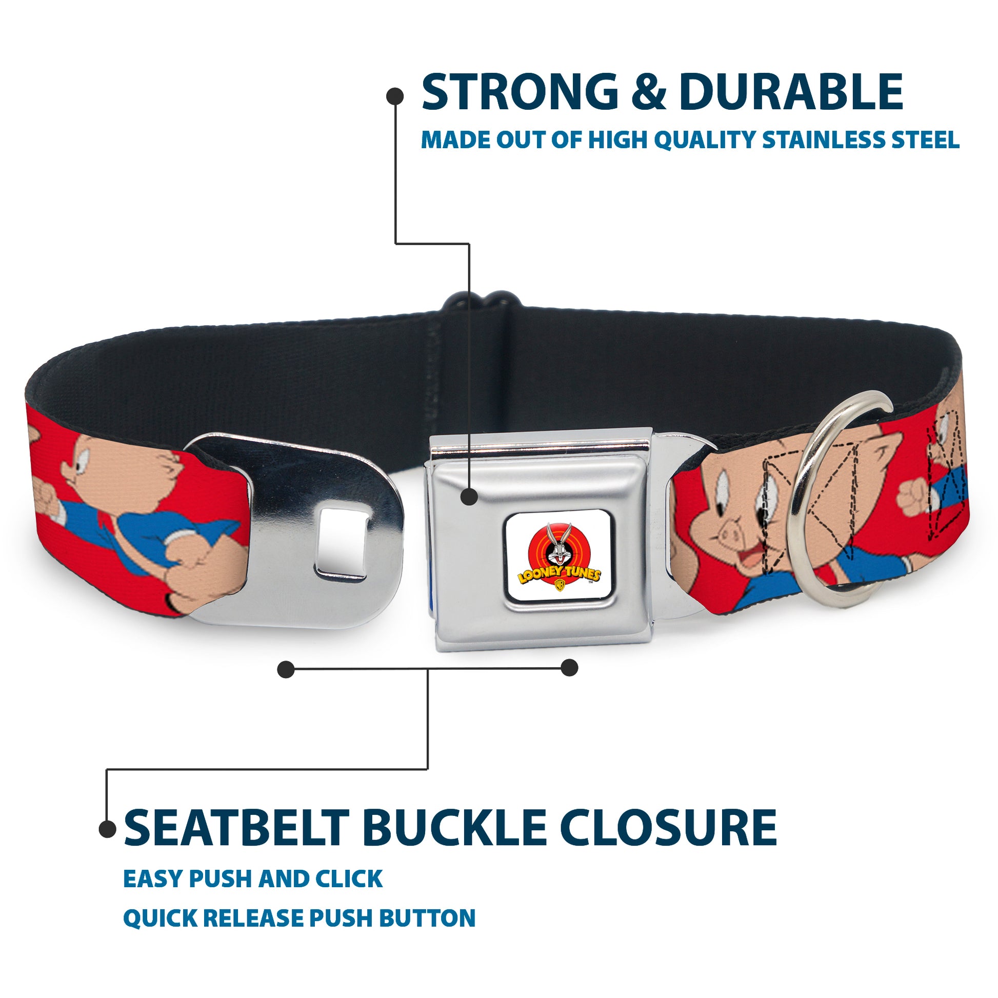 Looney Tunes Logo Full Color White Seatbelt Buckle Collar - Porky Pig Expressions Red Seatbelt Buckle Collars Looney Tunes