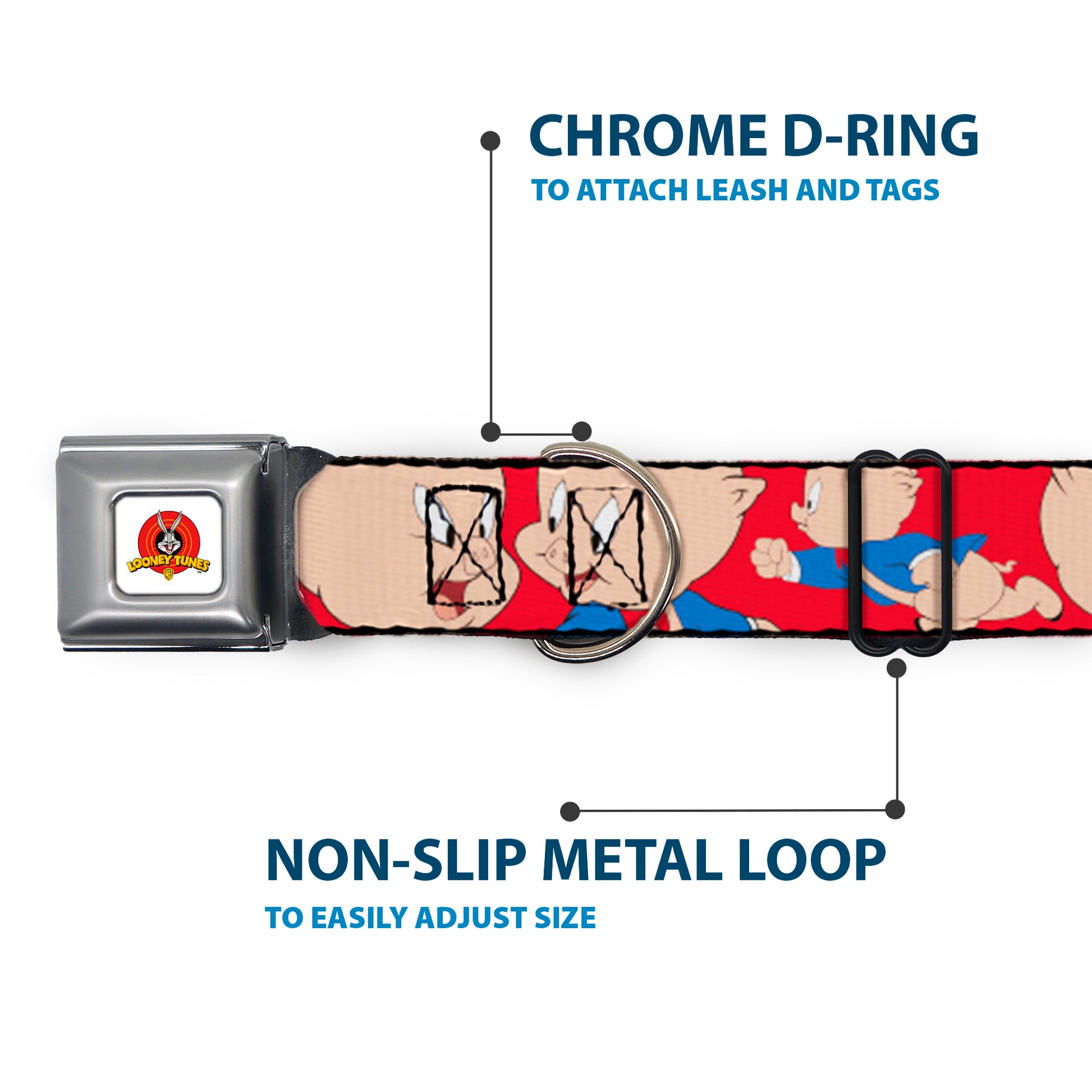 Looney Tunes Logo Full Color White Seatbelt Buckle Collar - Porky Pig Expressions Red Seatbelt Buckle Collars Looney Tunes