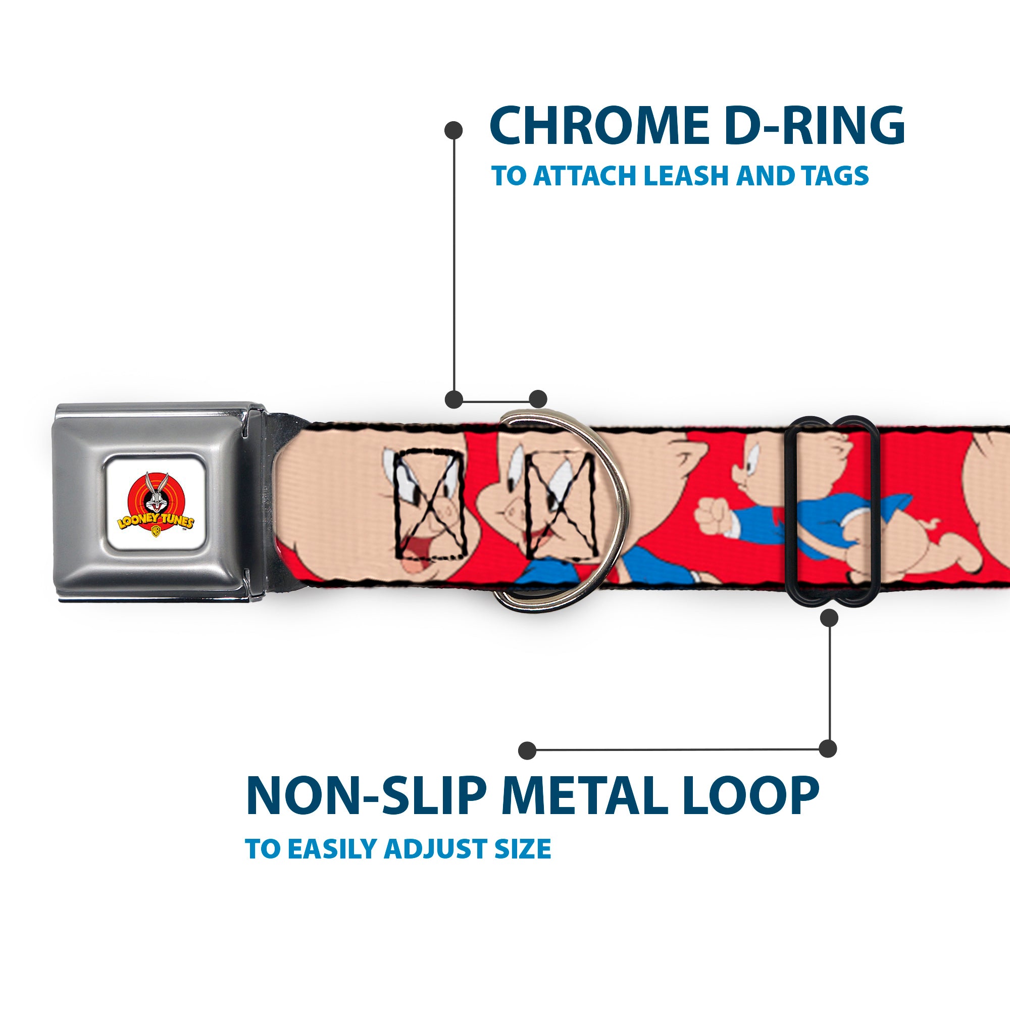 Looney Tunes Logo Full Color White Seatbelt Buckle Collar - Porky Pig Expressions Red Seatbelt Buckle Collars Looney Tunes