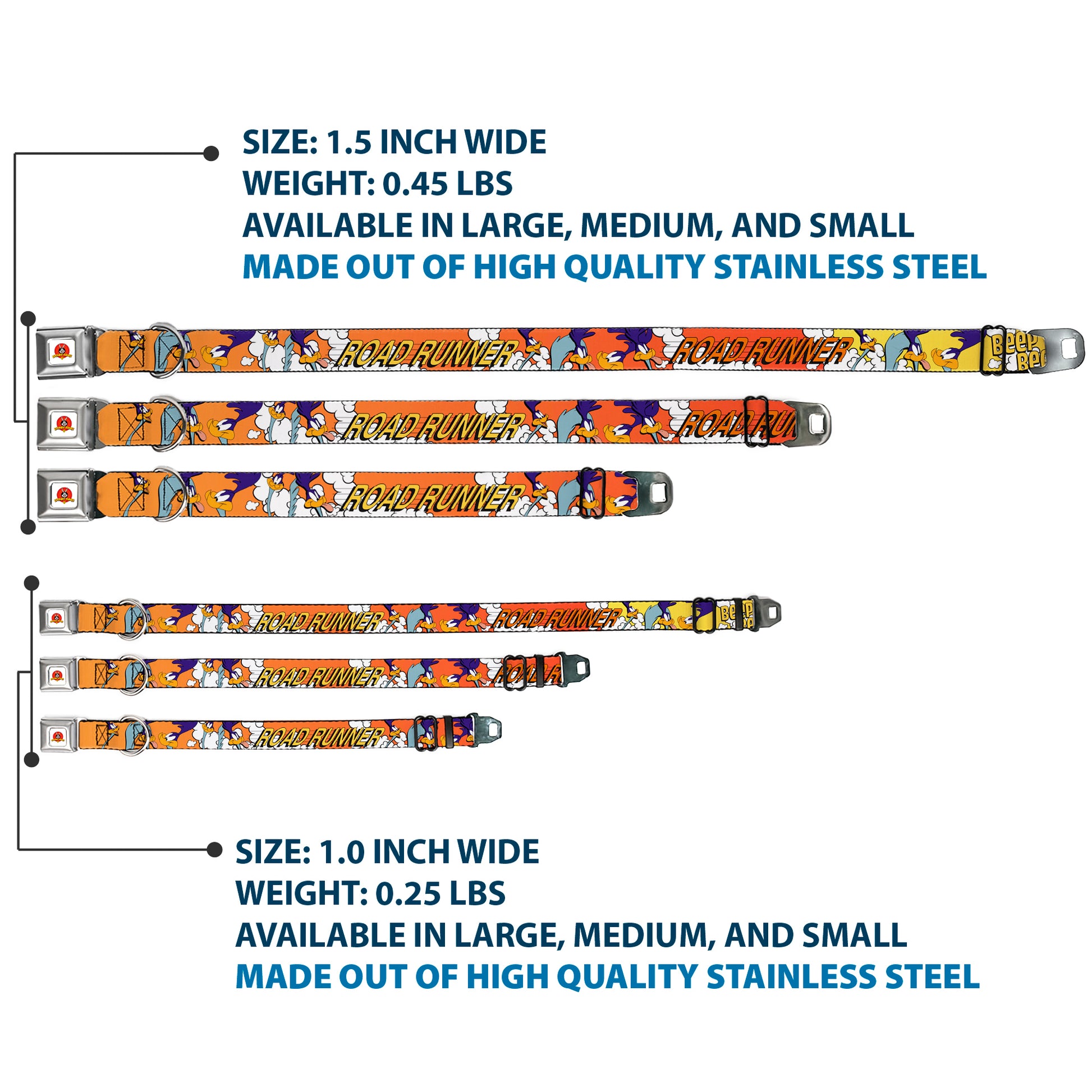 Looney Tunes Logo White Seatbelt Buckle Collar - ROAD RUNNER w/Road Runner Poses Orange Seatbelt Buckle Collars Looney Tunes