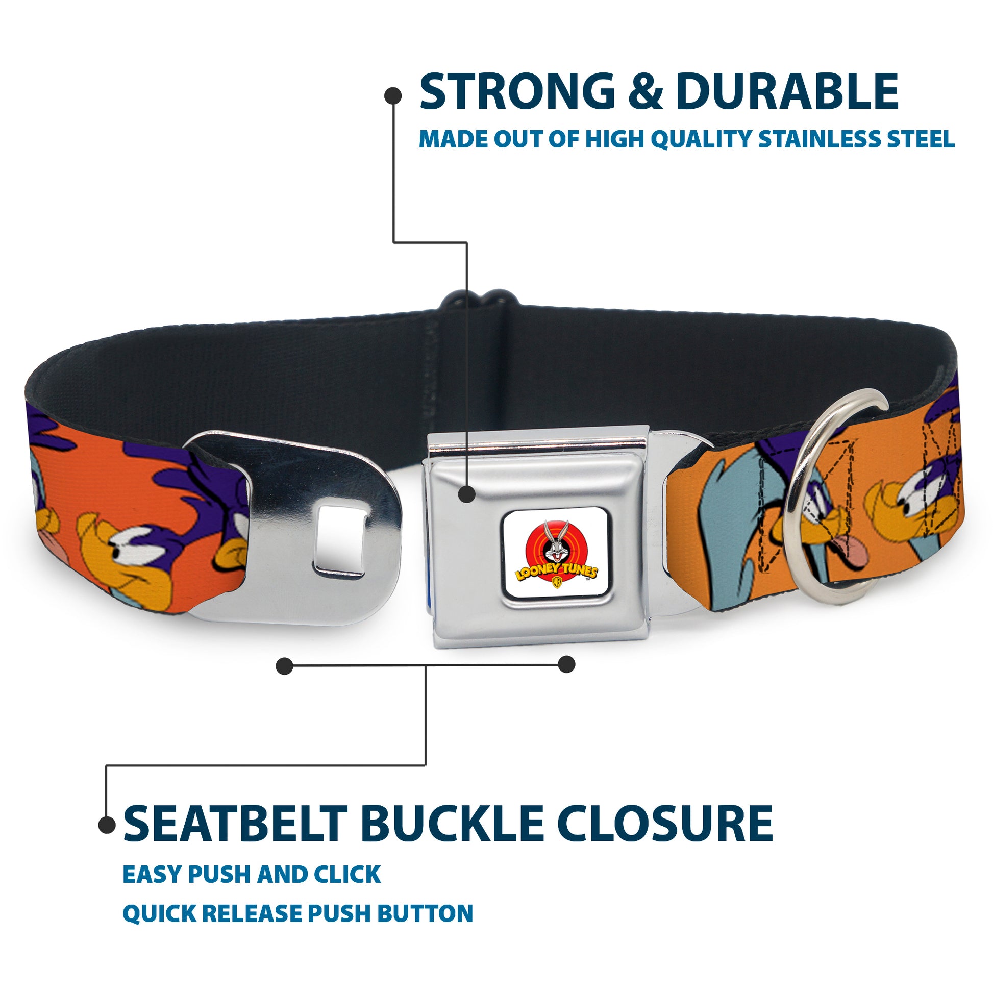 Looney Tunes Logo White Seatbelt Buckle Collar - ROAD RUNNER w/Road Runner Poses Orange Seatbelt Buckle Collars Looney Tunes