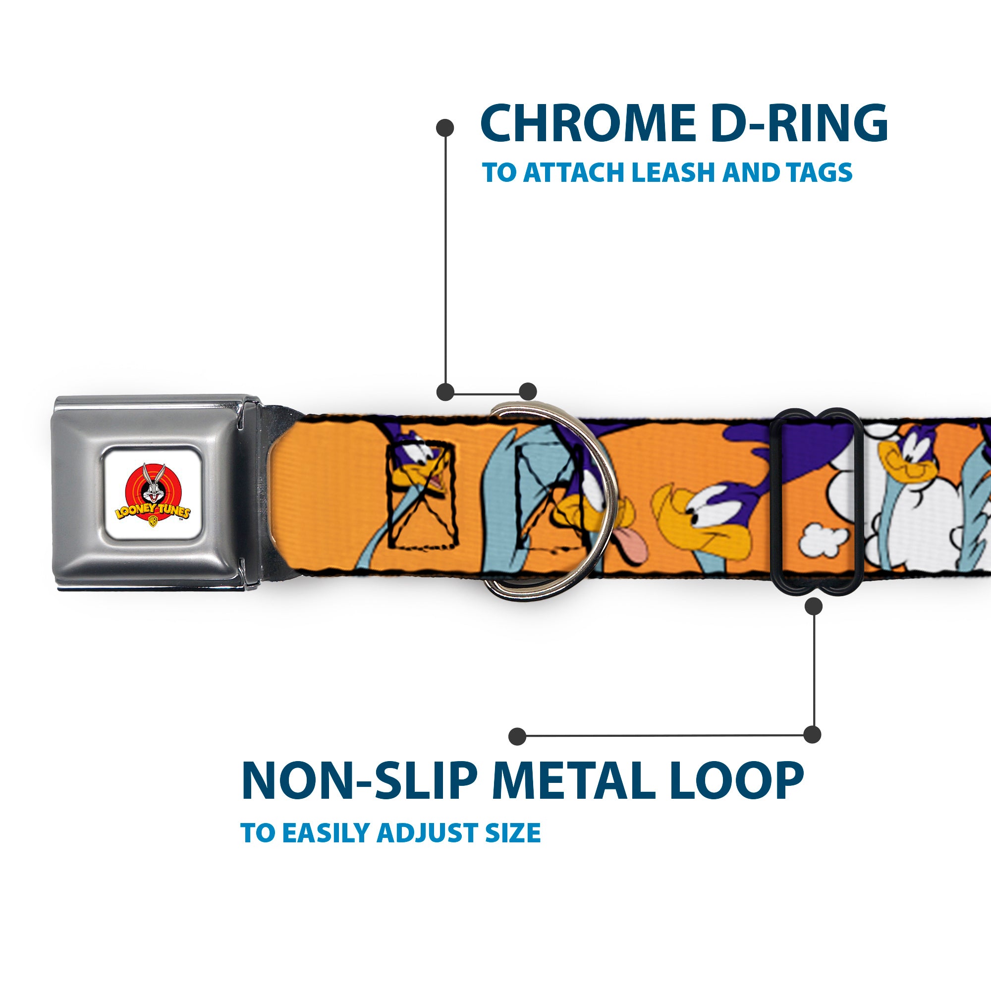 Looney Tunes Logo White Seatbelt Buckle Collar - ROAD RUNNER w/Road Runner Poses Orange Seatbelt Buckle Collars Looney Tunes