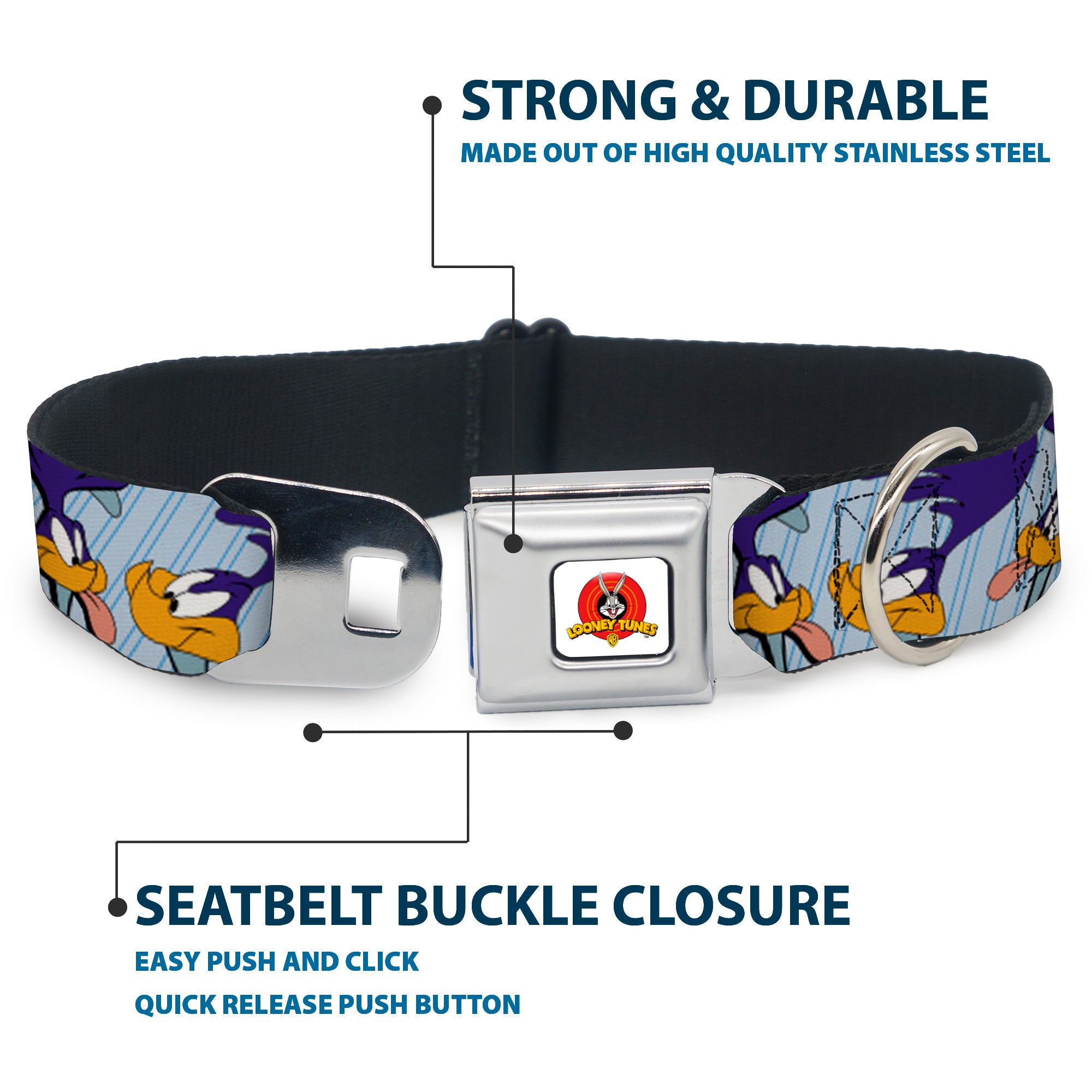 Looney Tunes Logo White Seatbelt Buckle Collar - MEEP MEEP!! w/Road Runner Poses Baby Blue Seatbelt Buckle Collars Looney Tunes