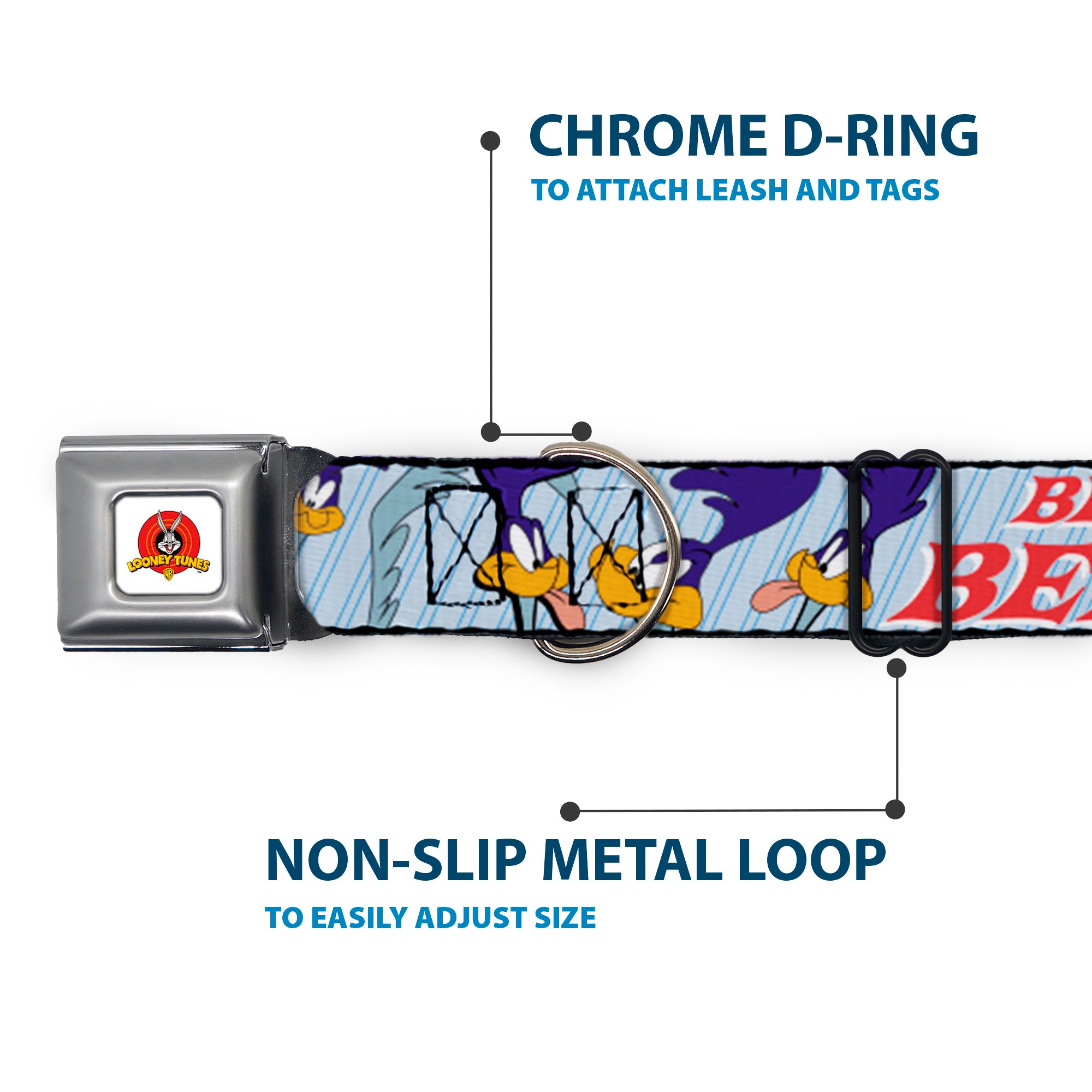 Looney Tunes Logo White Seatbelt Buckle Collar - MEEP MEEP!! w/Road Runner Poses Baby Blue Seatbelt Buckle Collars Looney Tunes