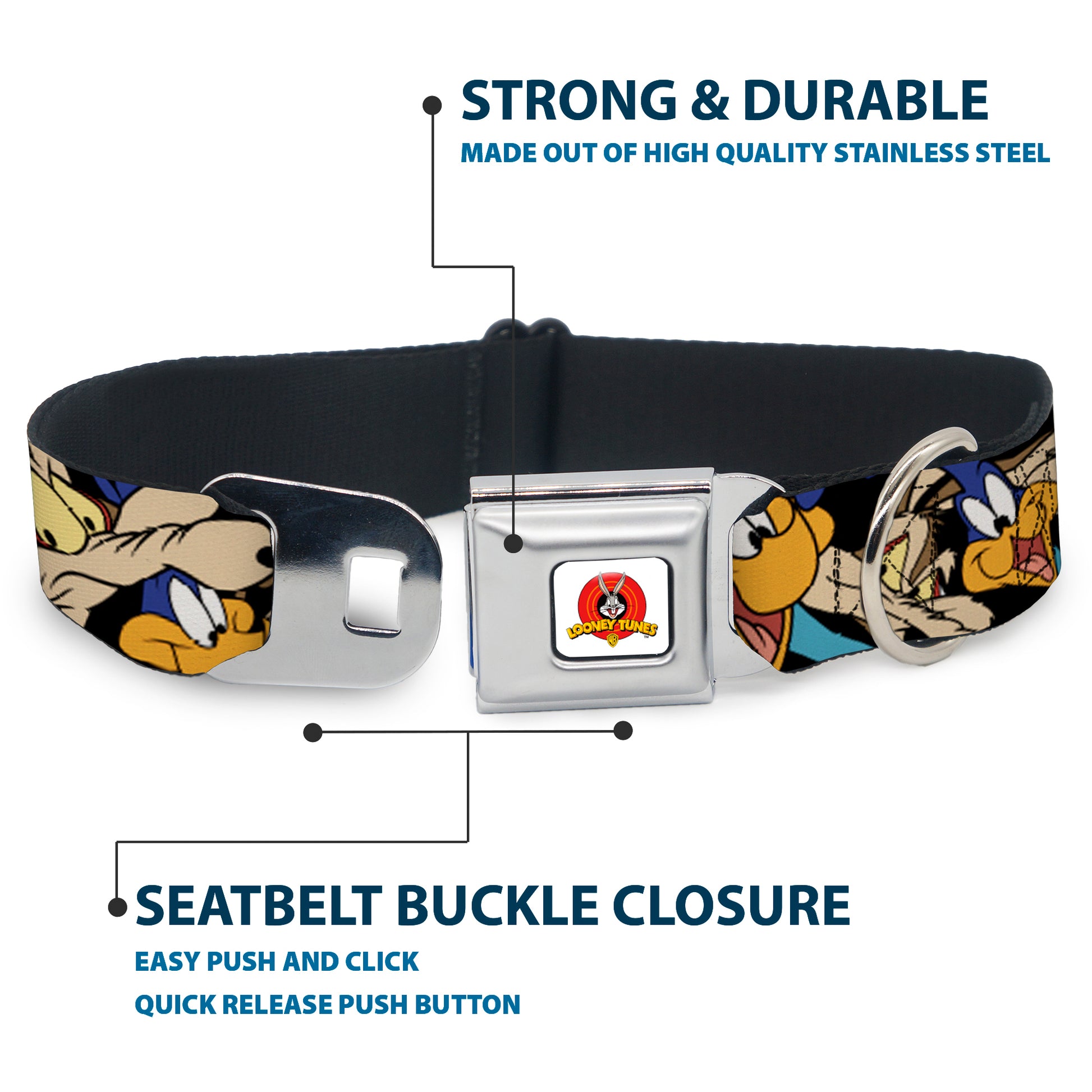 Looney Tunes Logo White Seatbelt Buckle Collar - Road Runner/Wile E. Coyote Expressions Stacked Black Seatbelt Buckle Collars Looney Tunes