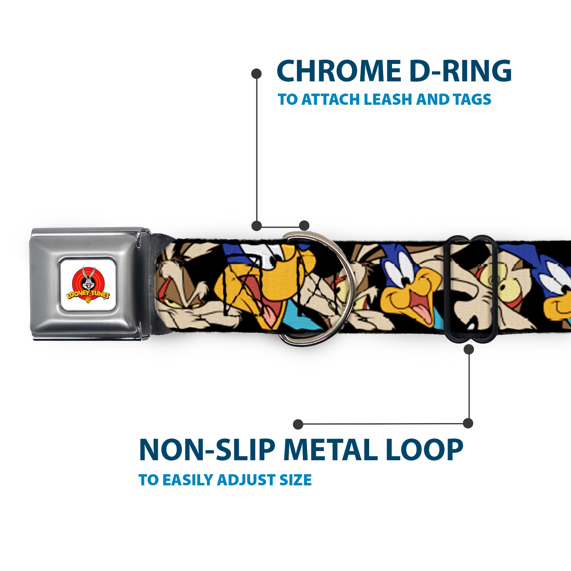 Looney Tunes Logo White Seatbelt Buckle Collar - Road Runner/Wile E. Coyote Expressions Stacked Black Seatbelt Buckle Collars Looney Tunes