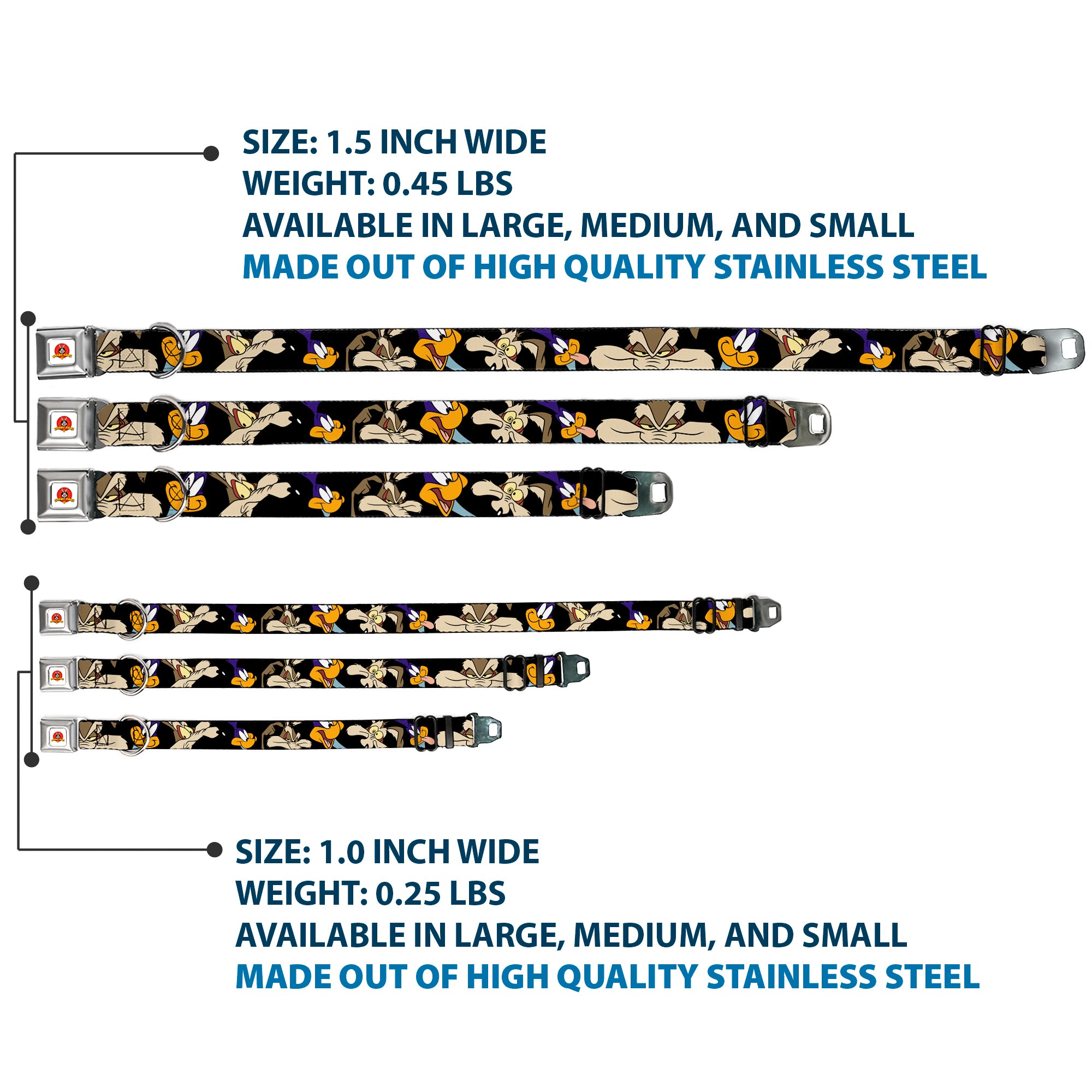 Looney Tunes Logo White Seatbelt Buckle Collar - Road Runner/Wile E. Coyote Expressions CLOSE-UP Black Seatbelt Buckle Collars Looney Tunes