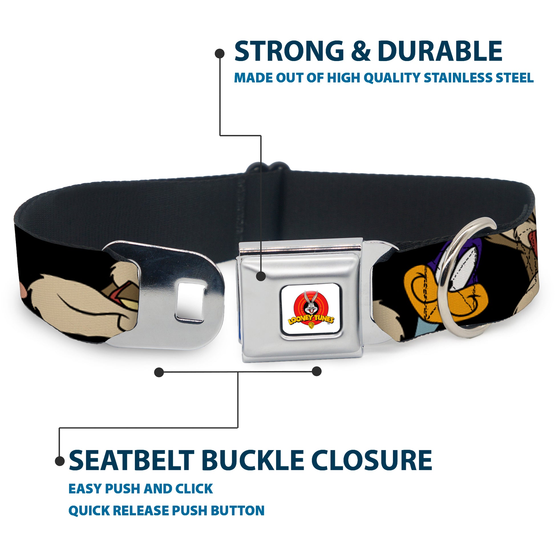 Looney Tunes Logo White Seatbelt Buckle Collar - Road Runner/Wile E. Coyote Expressions CLOSE-UP Black Seatbelt Buckle Collars Looney Tunes